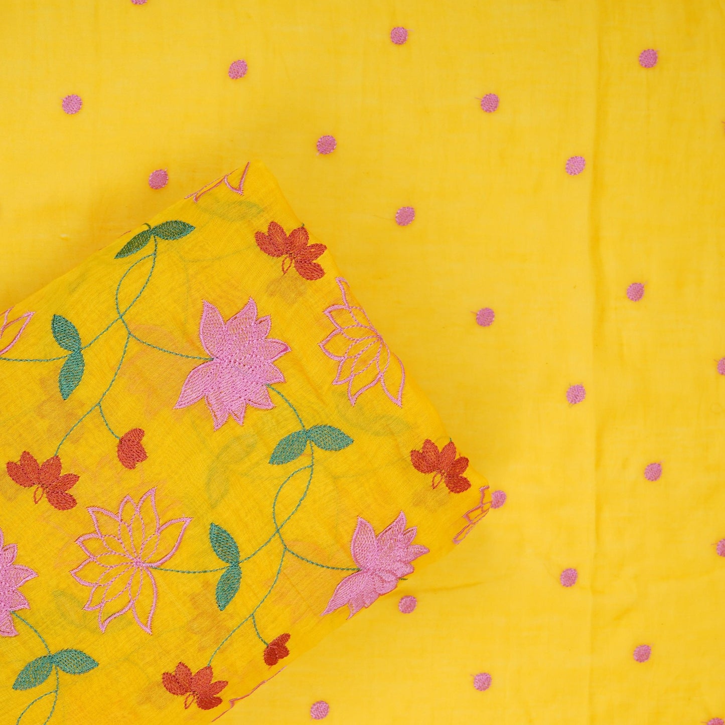 Mustard Yellow floral jaal embroidery Malai Chanderi Fabric SNTF-32227
