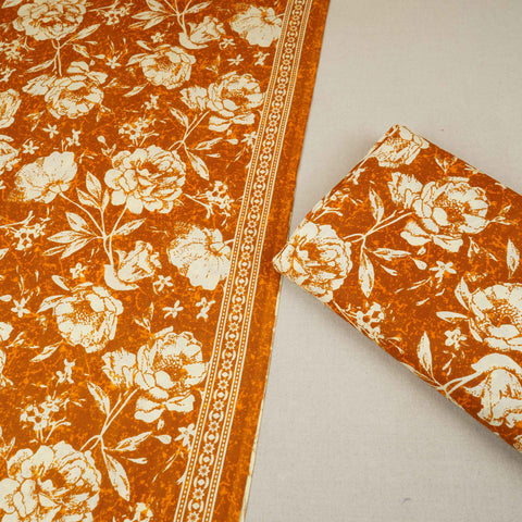 Rust Orange & White Floral Print Cotton Fabric OG-30313