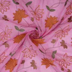 Pink floral jaal embroidery Malai Chanderi Fabric SNTF-32229 - TradeUNO