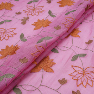 Pink floral jaal embroidery Malai Chanderi Fabric SNTF-32229 - TradeUNO
