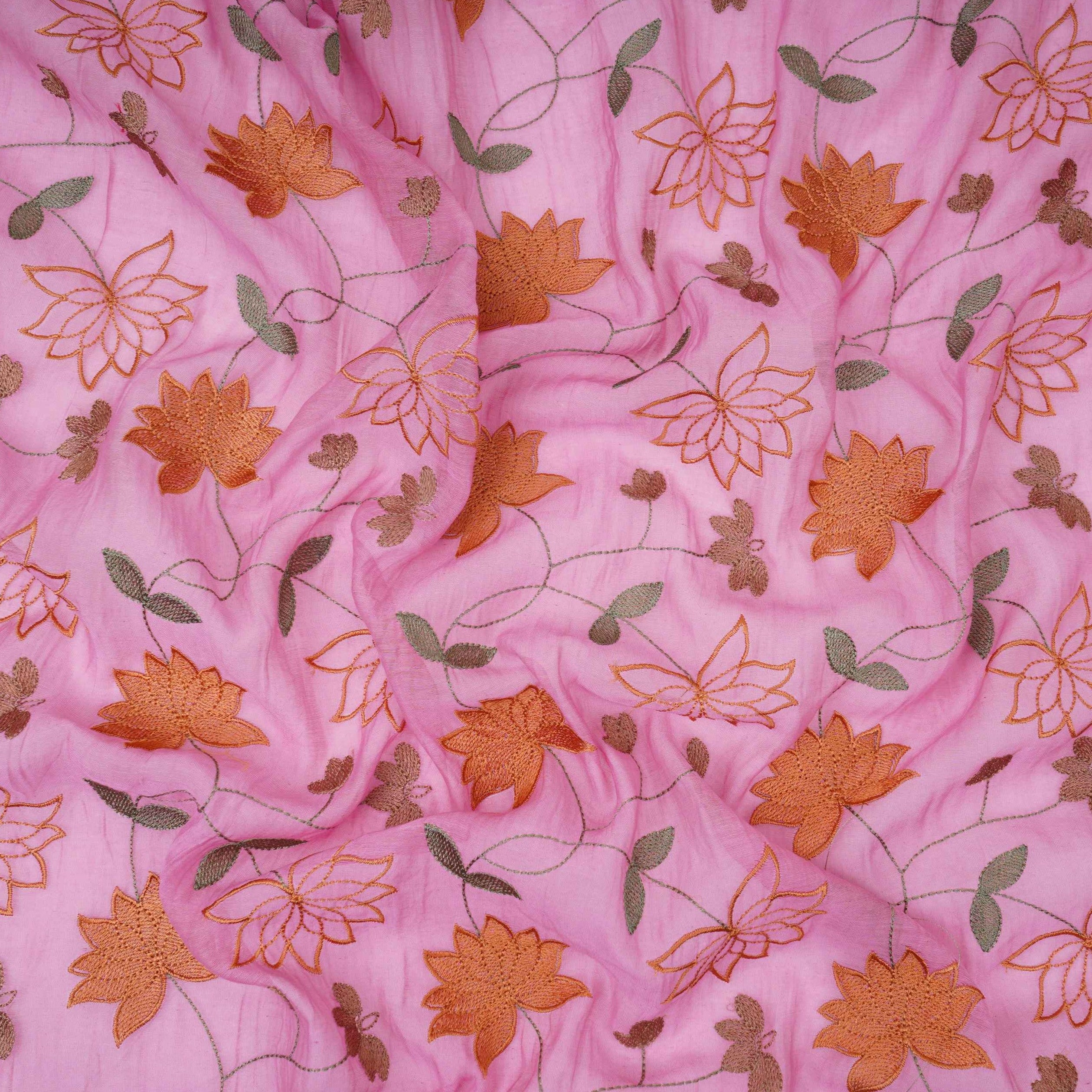 Pink floral jaal embroidery Malai Chanderi Fabric SNTF-32229 - TradeUNO