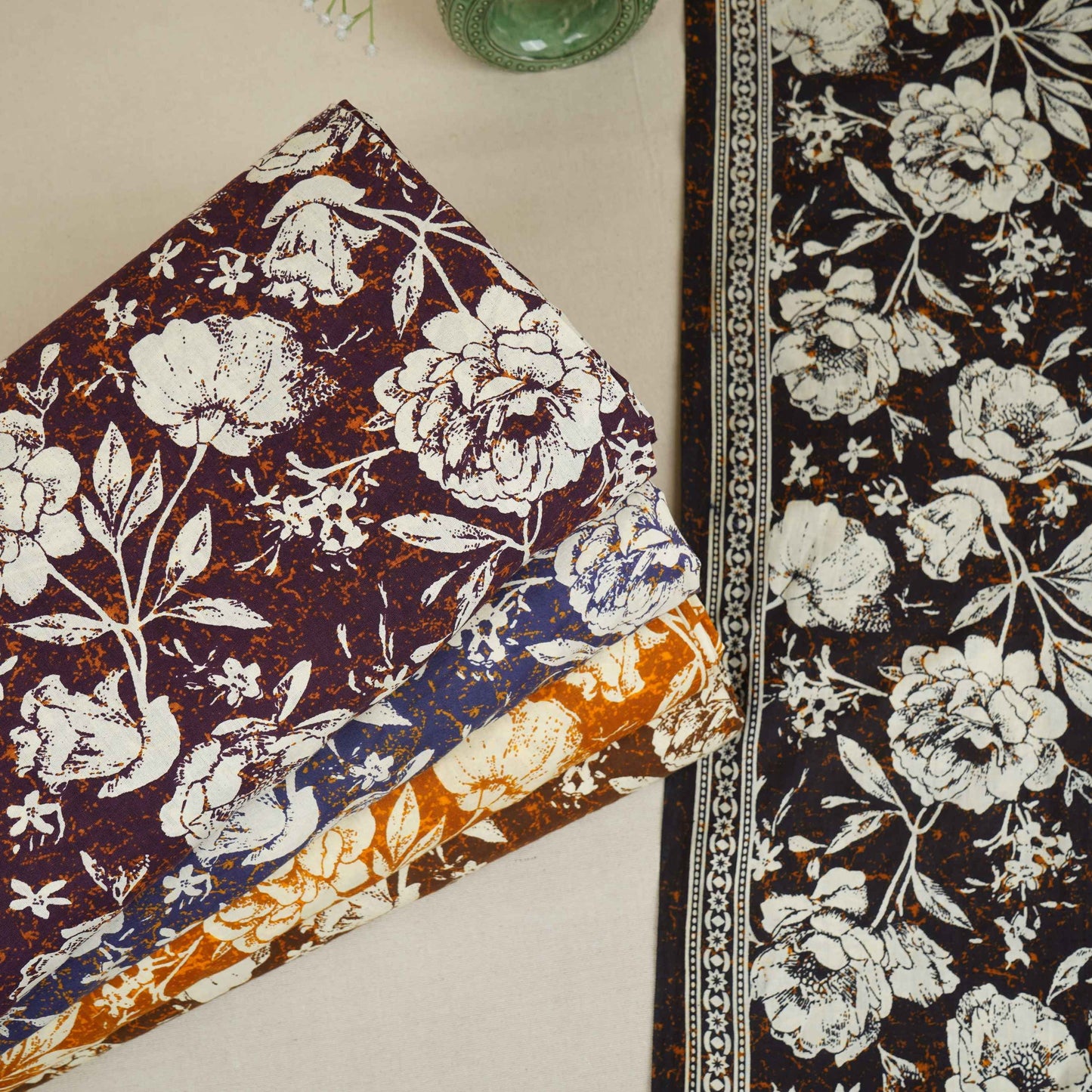 Rust Orange & White Floral Print Cotton Fabric OG-30313