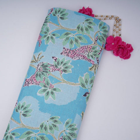 Sky Blue floral print Cotton Linen Fabric DE-32148