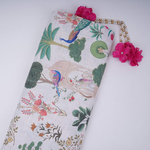 White floral print Cotton Linen Fabric DE-32147