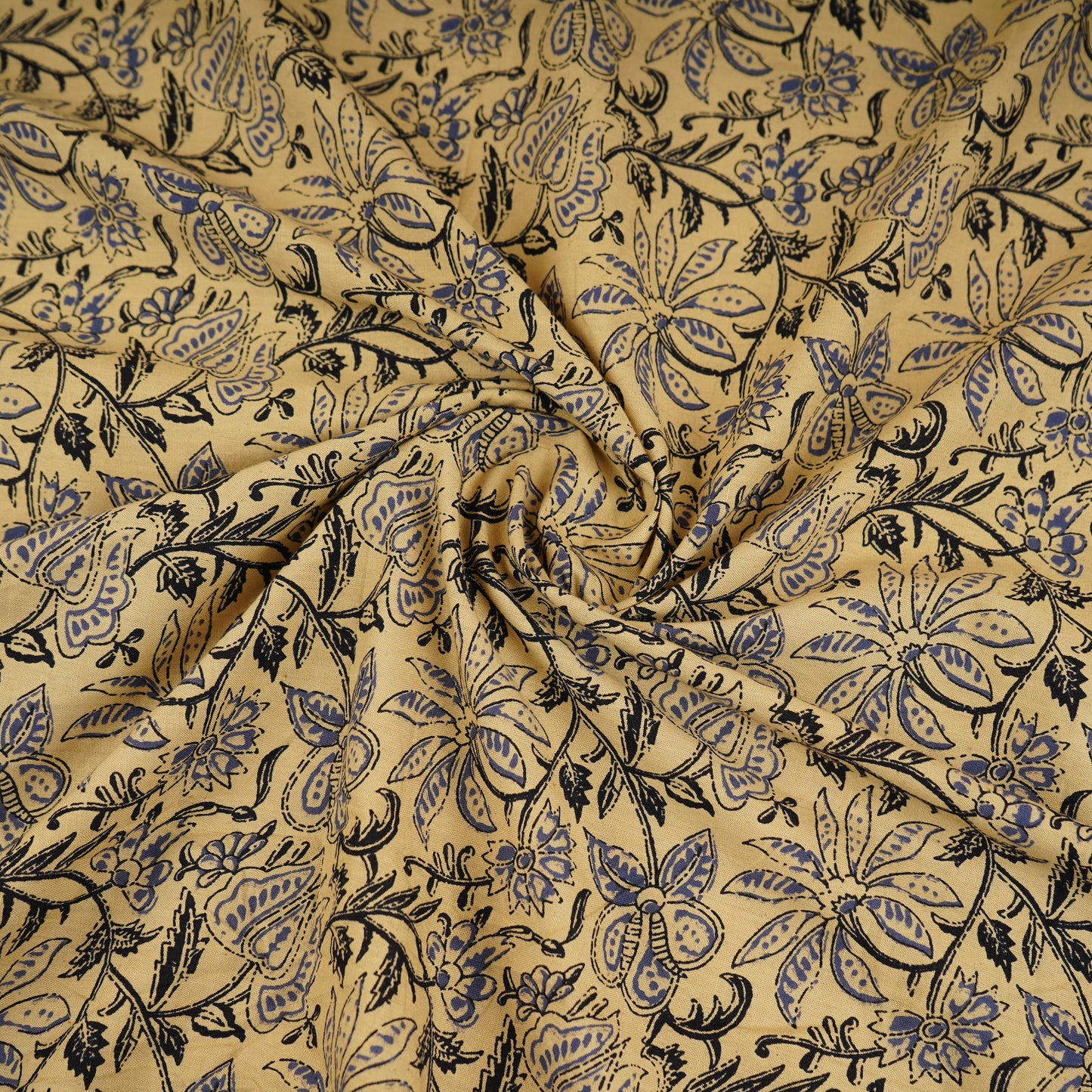 Cream & Blue Floral Print Cotton Fabric OG-30307