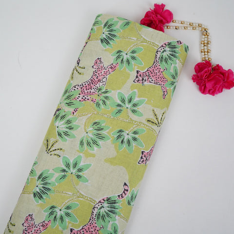 Green floral print Cotton Linen Fabric DE-32145