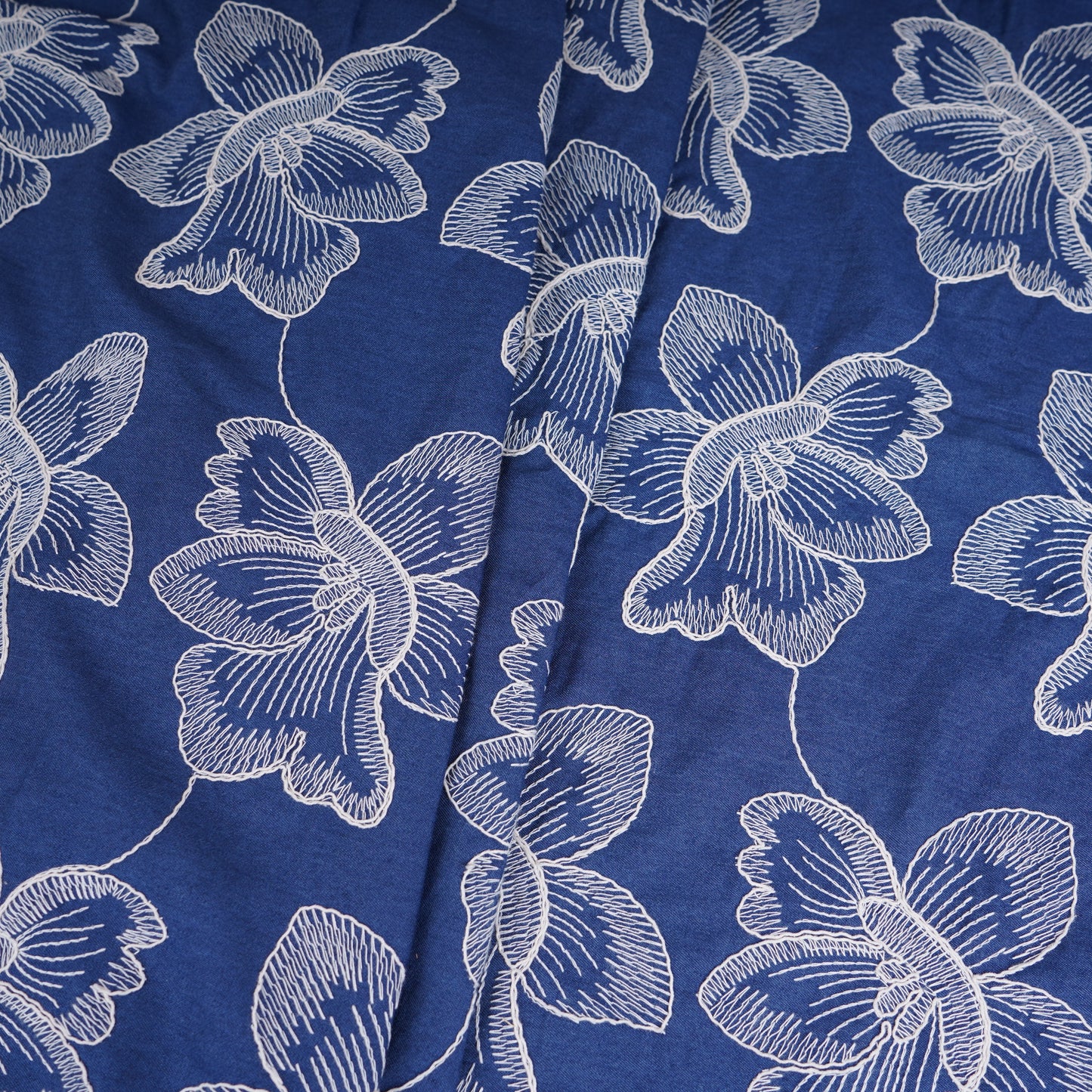 Blue & White Floral Embroidery Denim Fabric TF-30047