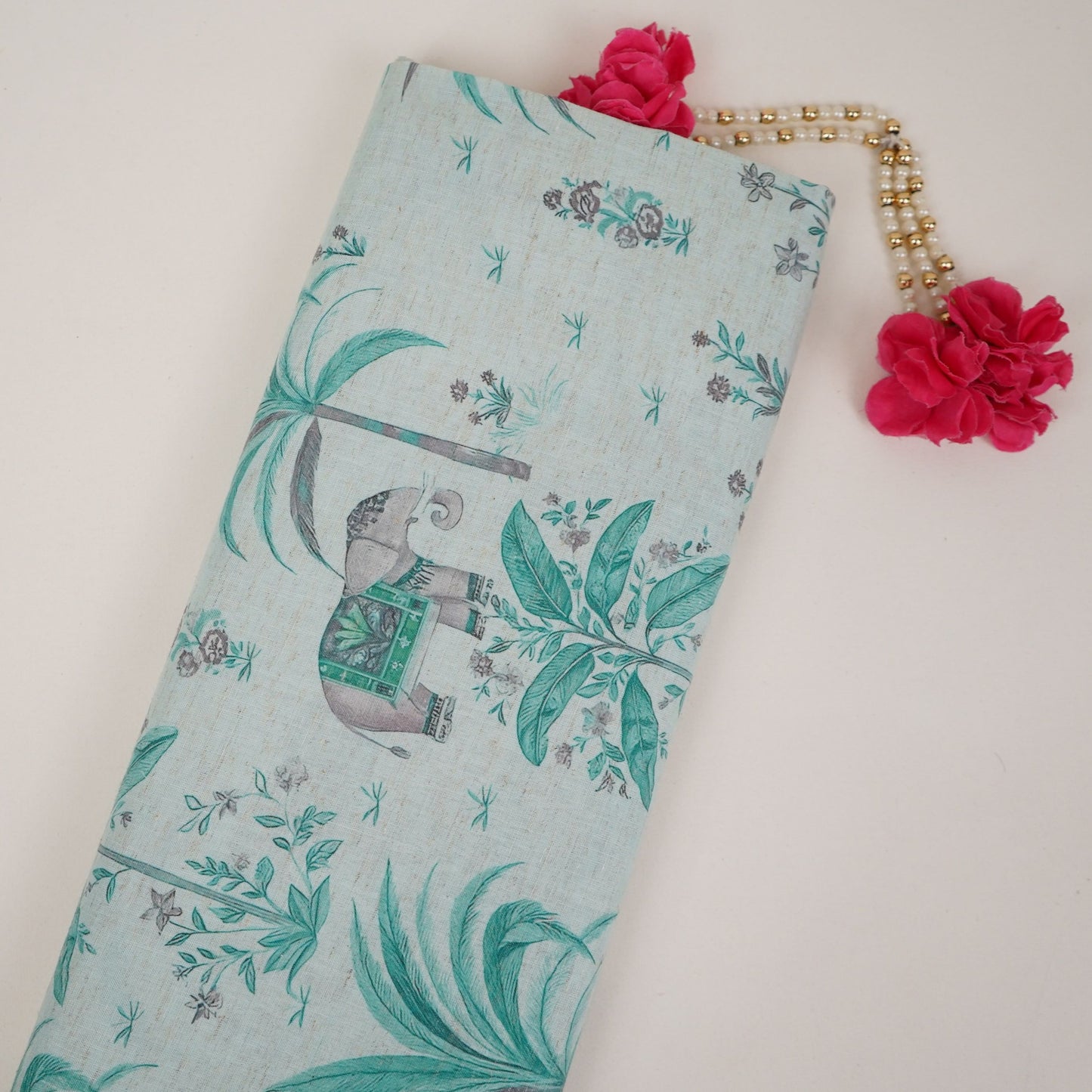 Light Sky Blue floral print Cotton Linen Fabric DE-32143