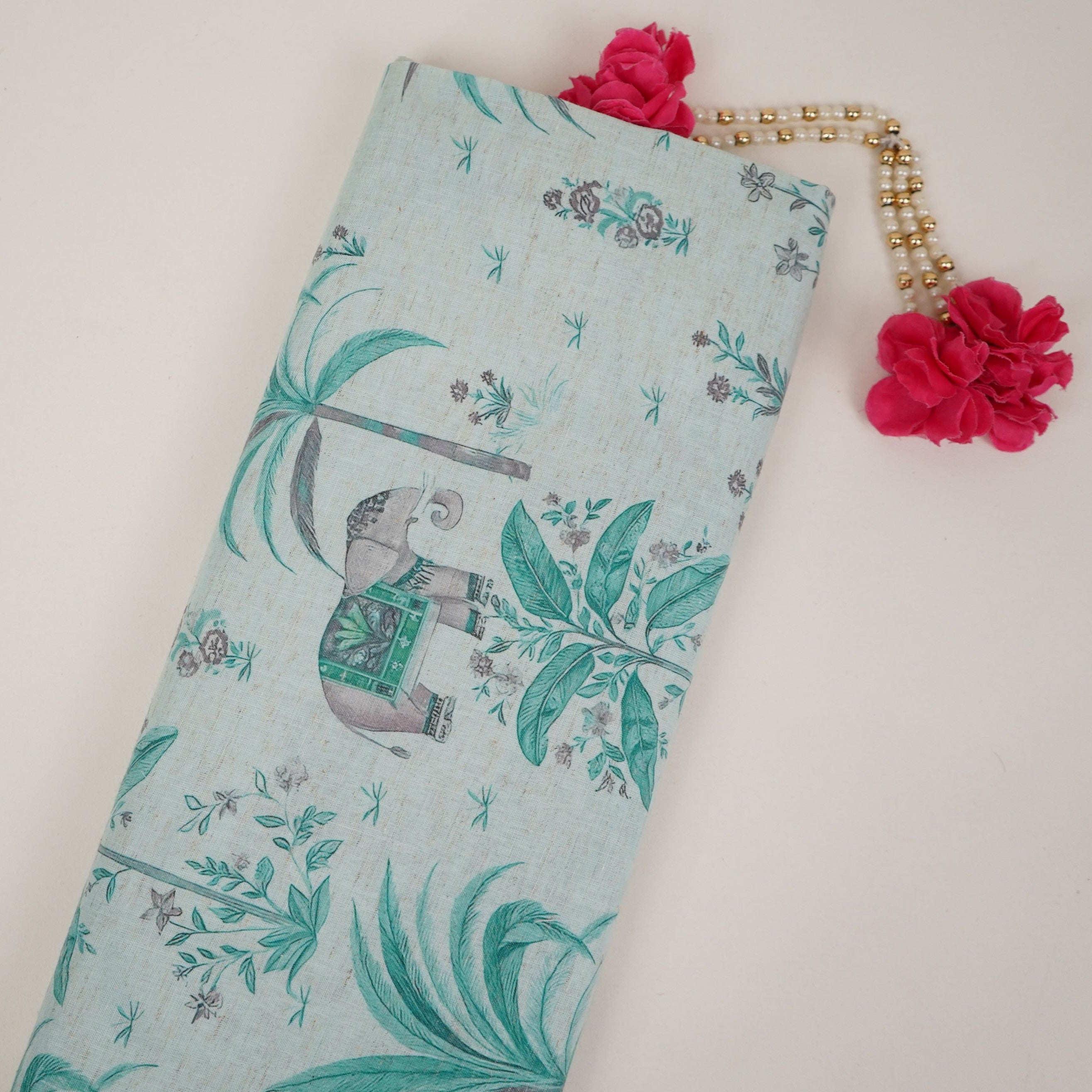 Light Sky Blue floral print Cotton Linen Fabric DE-32143 - TradeUNO