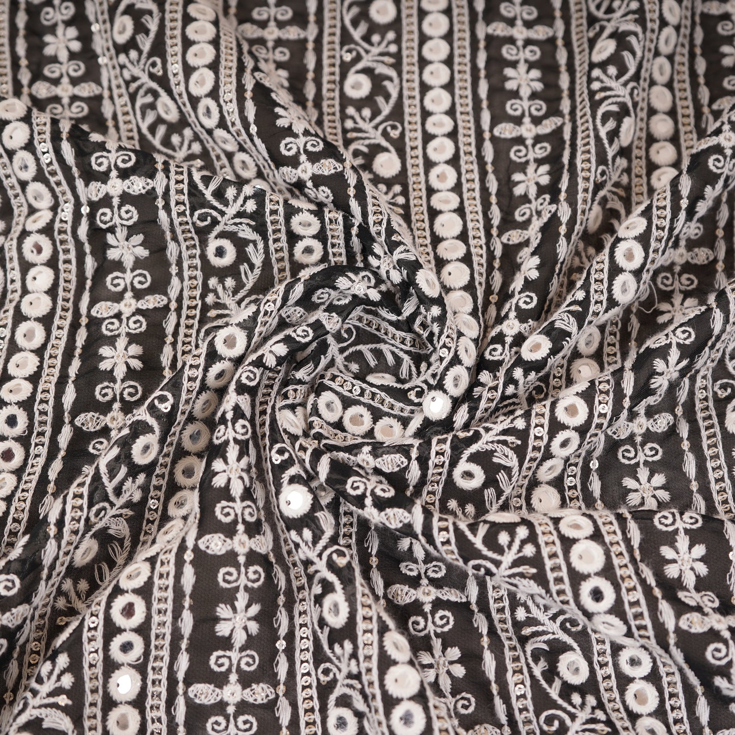 Black Chikankari Mirror Embroidery Georgette Fabric AT-30348