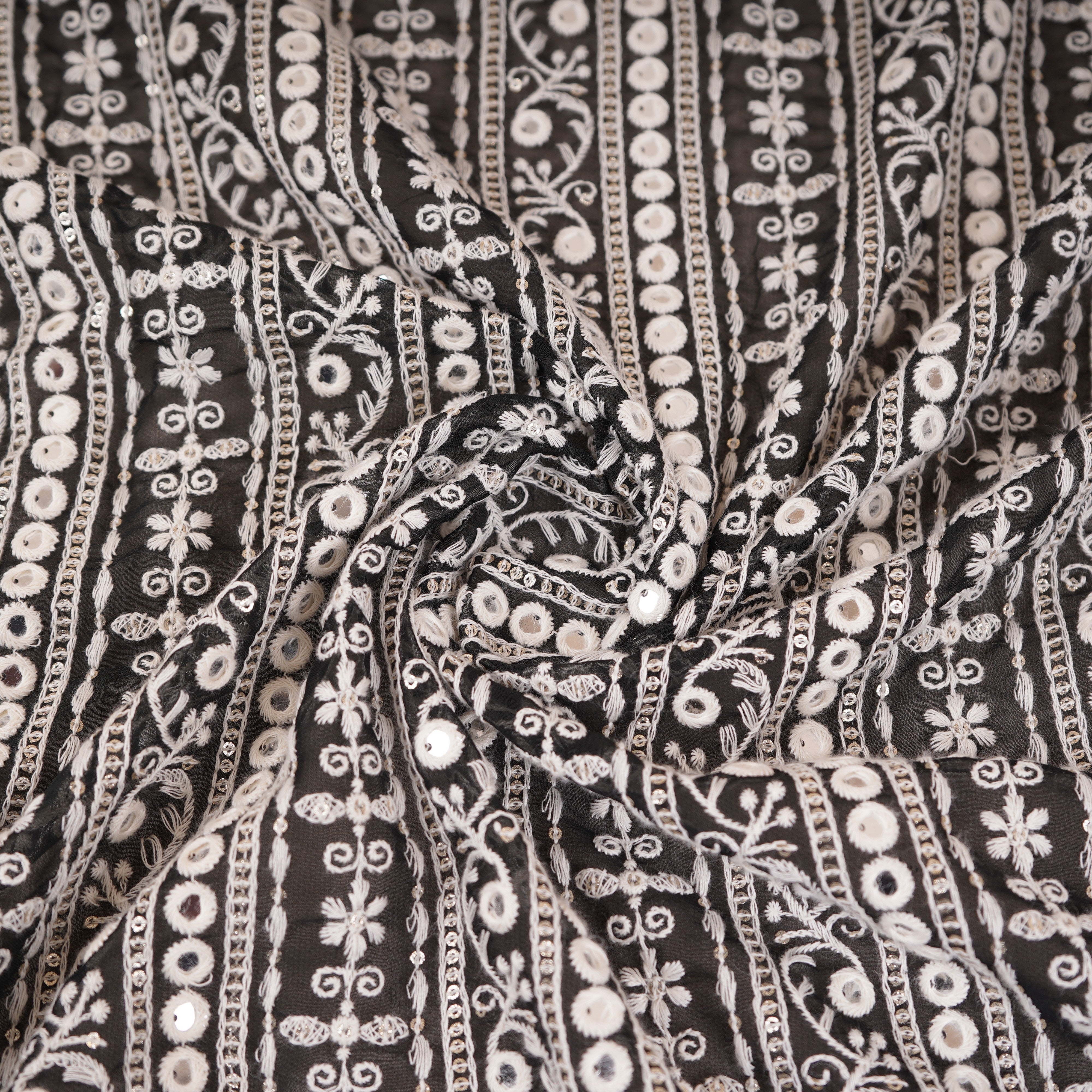 Black Chikankari Mirror Embroidery Georgette Fabric AT-30348 - TradeUNO