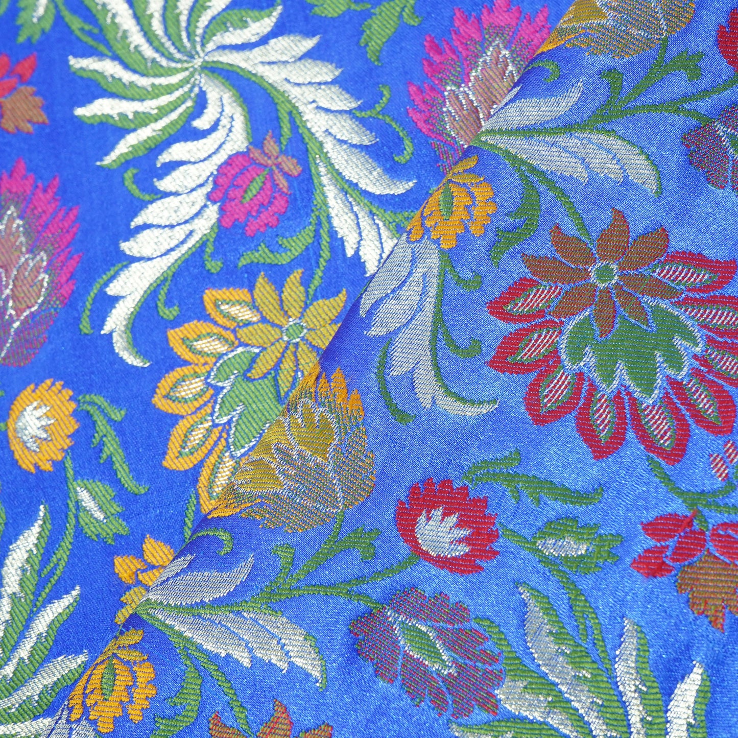 Royal Blue Floral Zari Khimkhwab Banarsi Silk Fabric