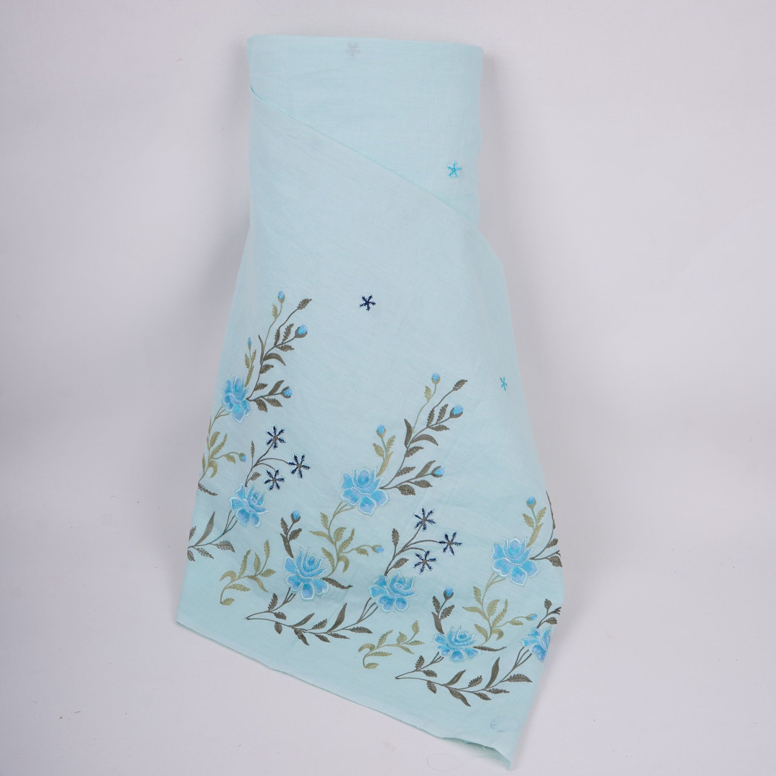 Sky Blue floral embroidery Cotton Linen Fabric GPF-32249 - TradeUNO