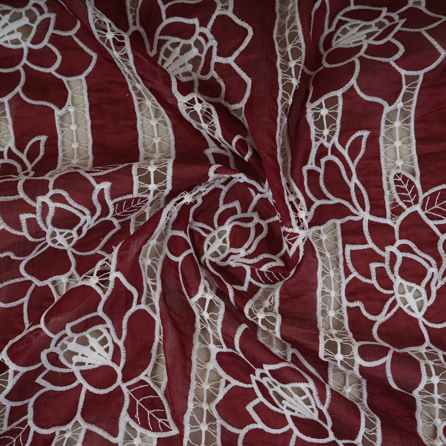 Maroon Schiffli Embroidery Chanderi Fabric CF-30429