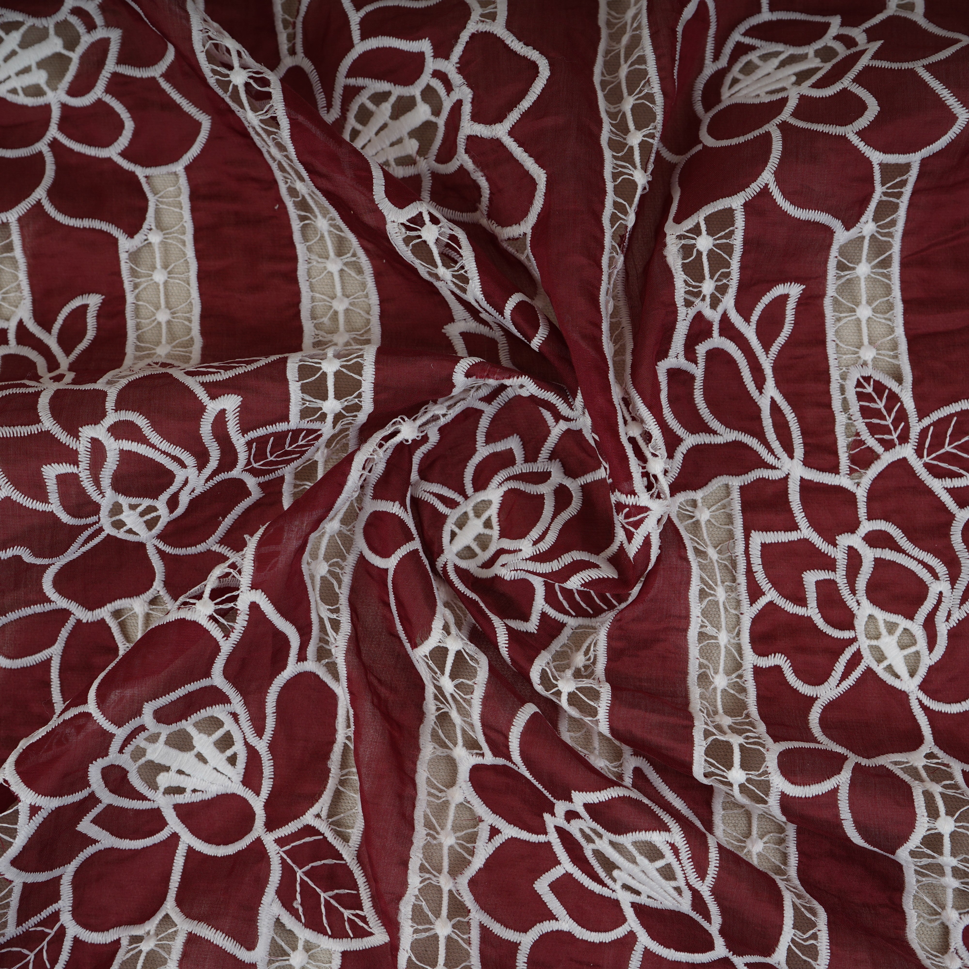 Maroon Schiffli Embroidery Chanderi Fabric CF-30429 - TradeUNO