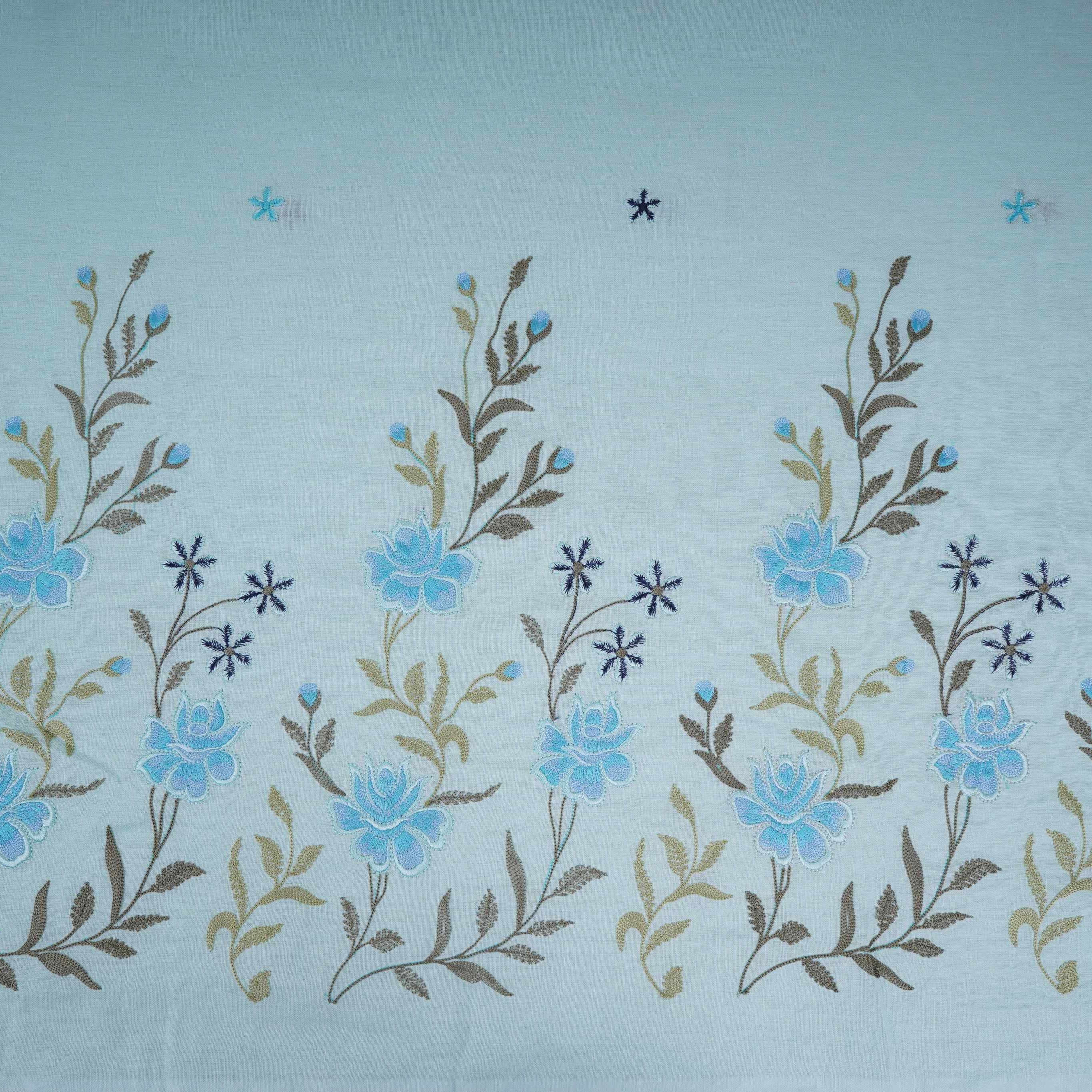 Sky Blue floral embroidery Cotton Linen Fabric GPF-32249 - TradeUNO