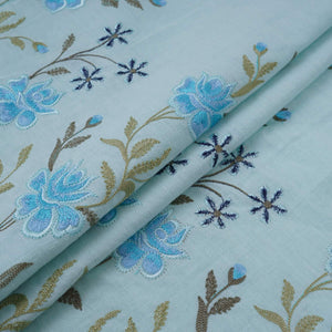 Sky Blue floral embroidery Cotton Linen Fabric GPF-32249 - TradeUNO