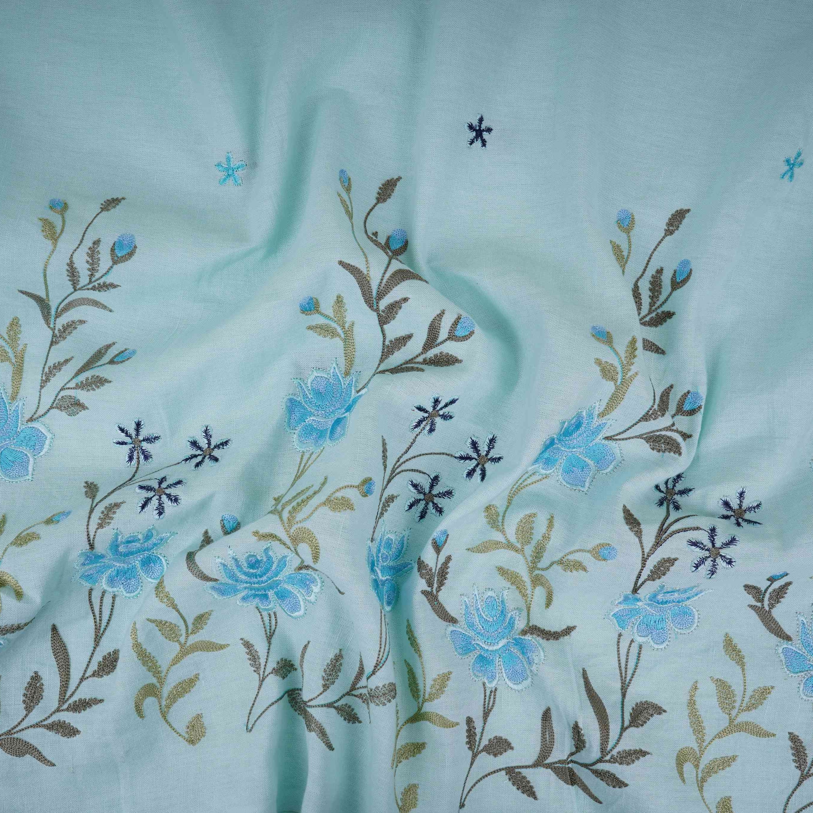 Sky Blue floral embroidery Cotton Linen Fabric GPF-32249 - TradeUNO