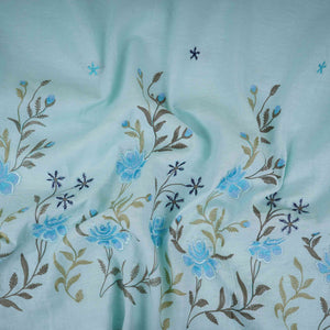 Sky Blue floral embroidery Cotton Linen Fabric GPF-32249 - TradeUNO