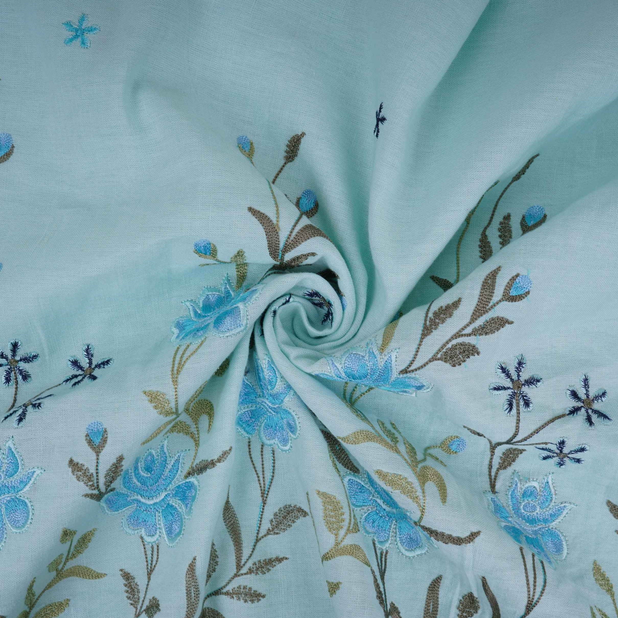 Sky Blue floral embroidery Cotton Linen Fabric GPF-32249 - TradeUNO