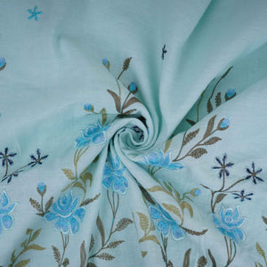 Sky Blue floral embroidery Cotton Linen Fabric GPF-32249 - TradeUNO