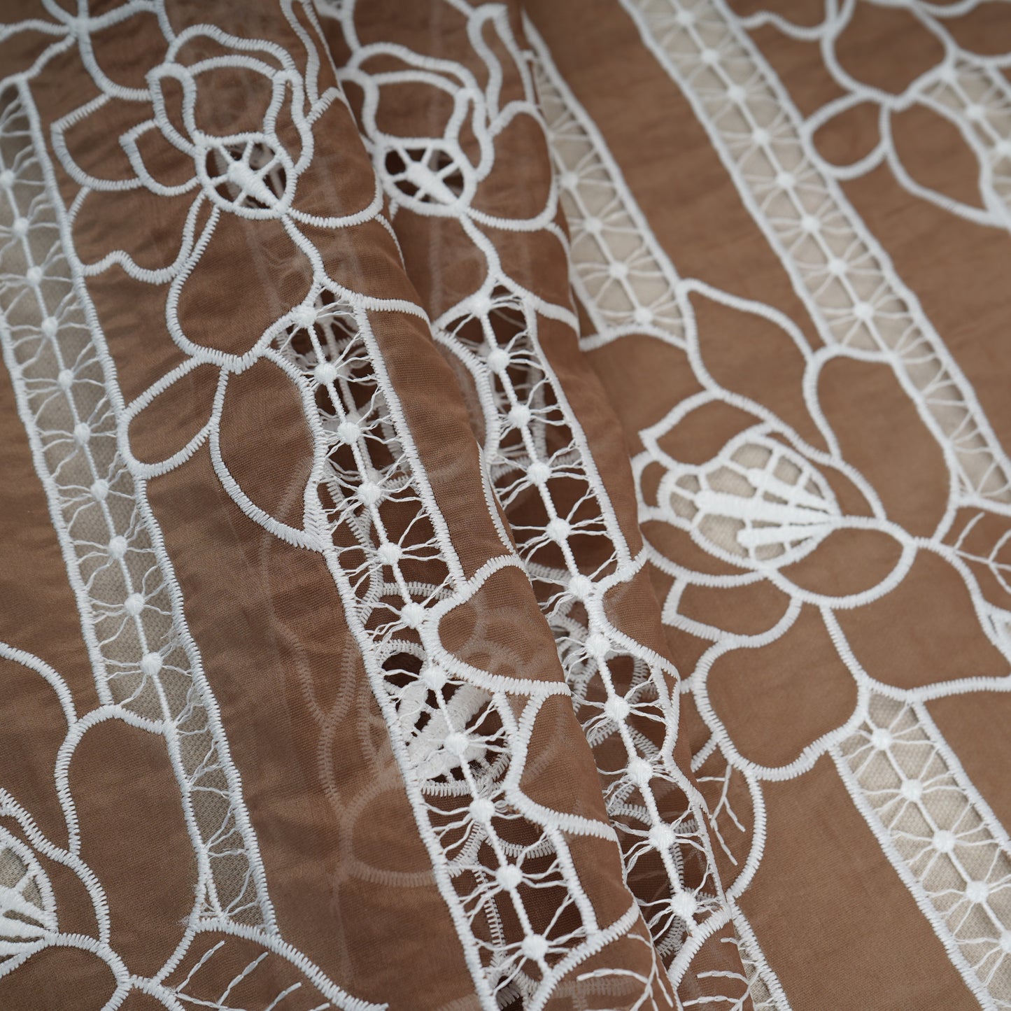 Light Brown Schiffli Embroidery Chanderi Fabric CF-30431