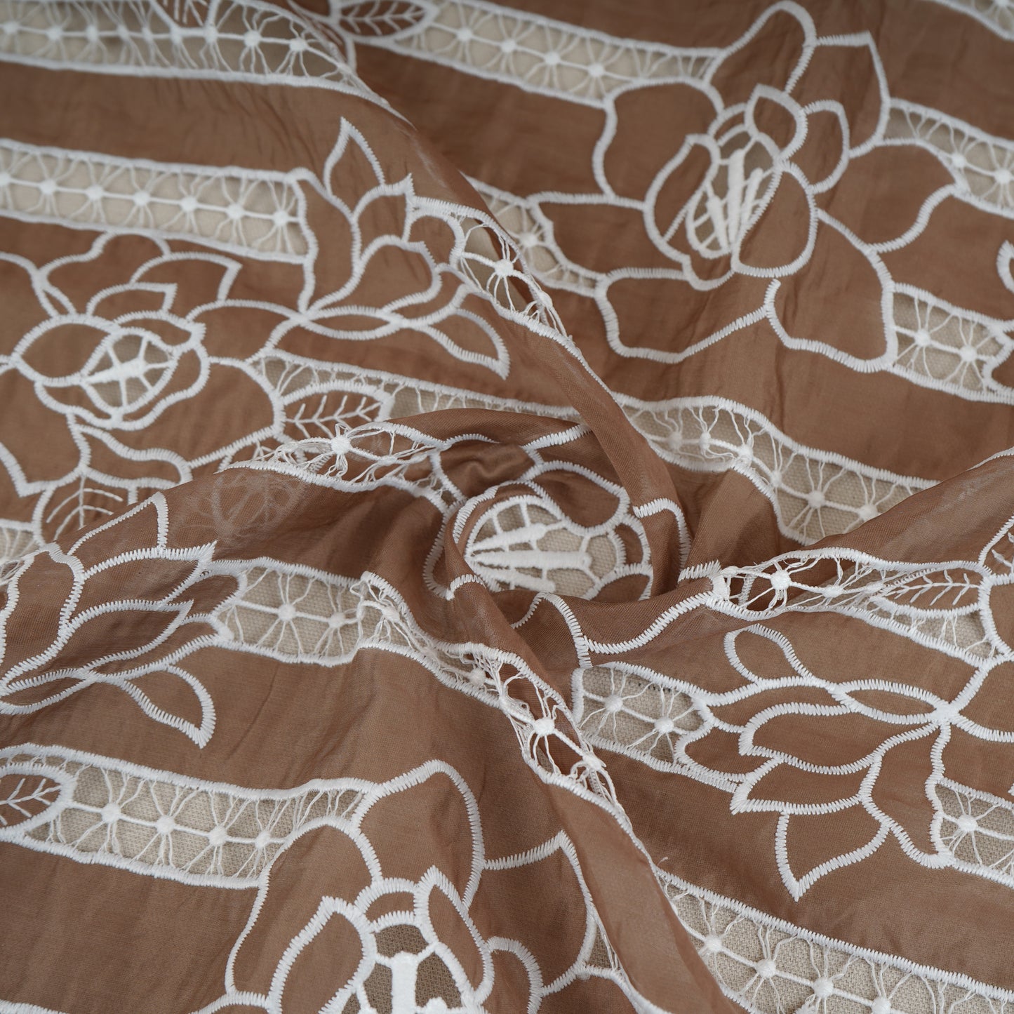 Light Brown Schiffli Embroidery Chanderi Fabric CF-30431