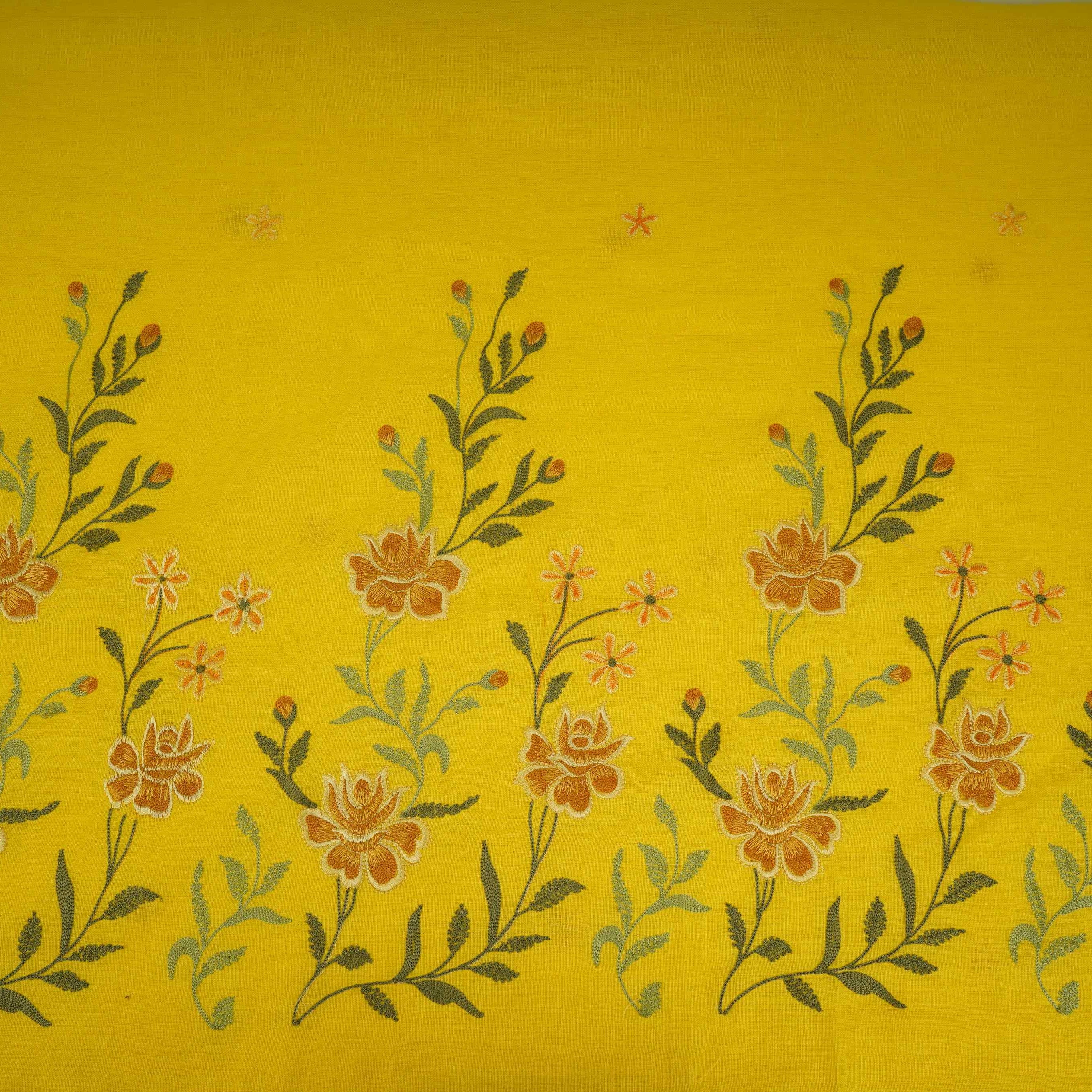 Mustard floral embroidery Cotton Linen Fabric GPF-32248 - TradeUNO