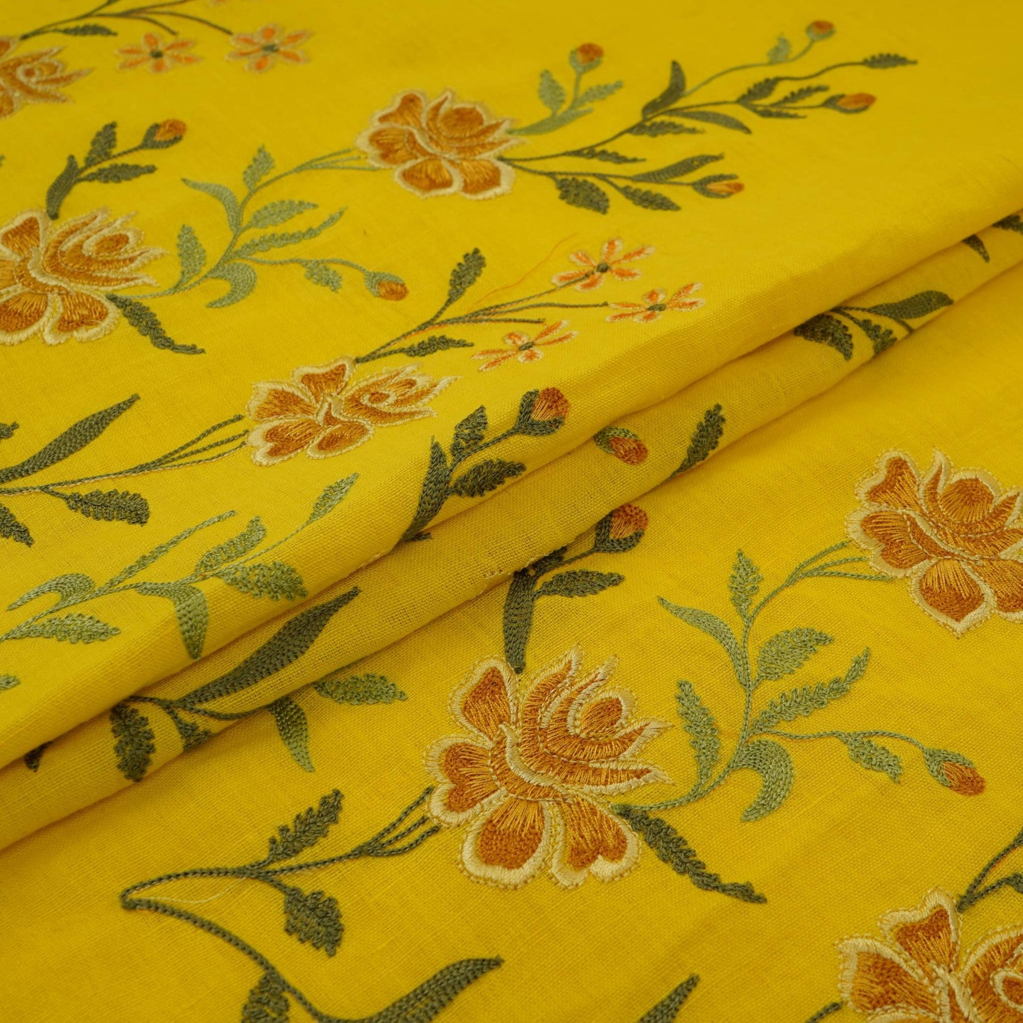 Mustard floral embroidery Cotton Linen Fabric GPF-32248 - TradeUNO