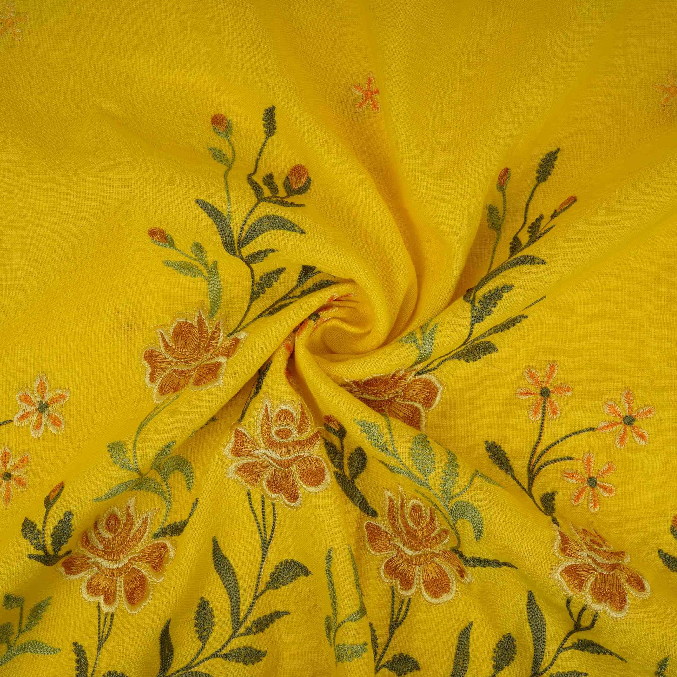 Mustard floral embroidery Cotton Linen Fabric GPF-32248 - TradeUNO