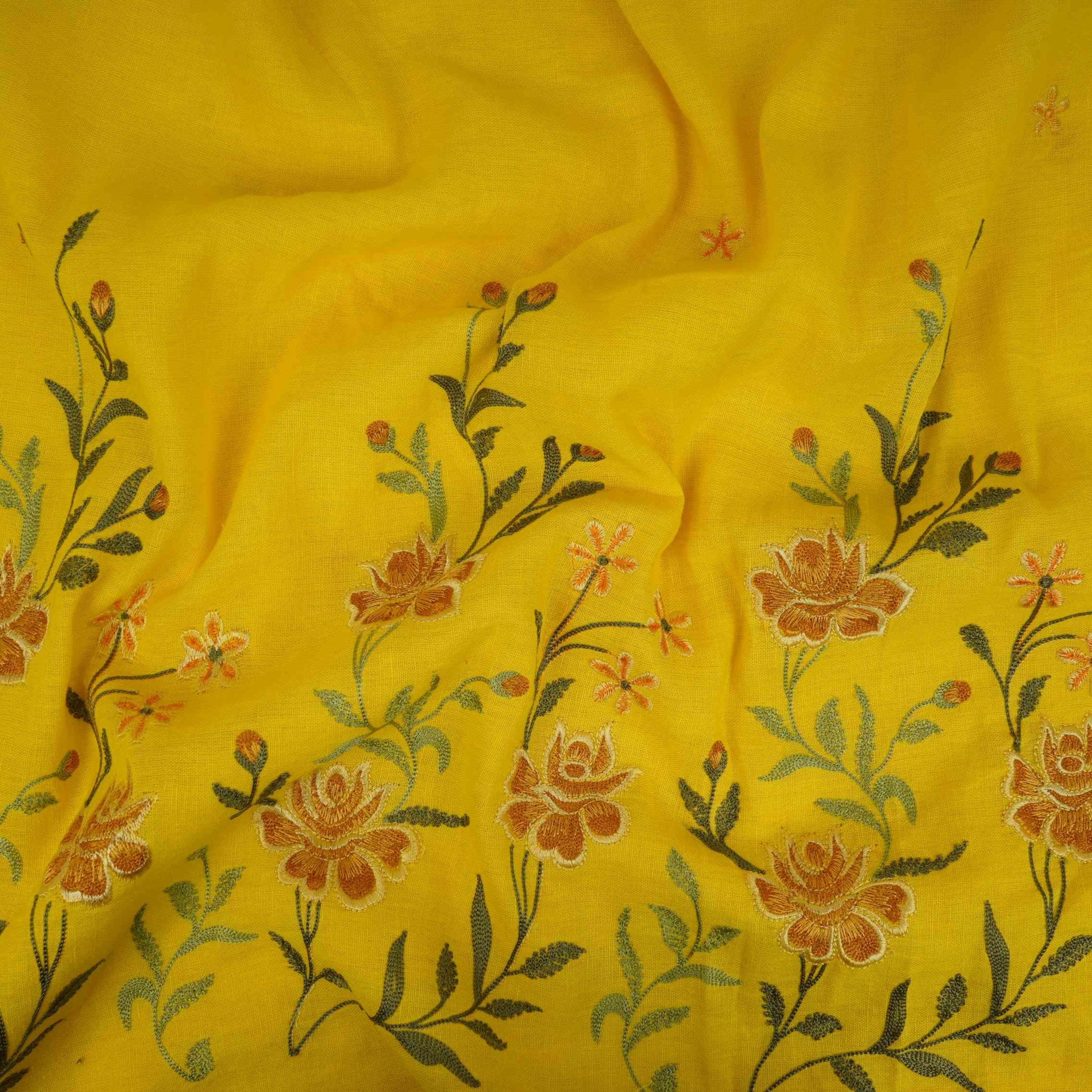 Mustard floral embroidery Cotton Linen Fabric GPF-32248 - TradeUNO