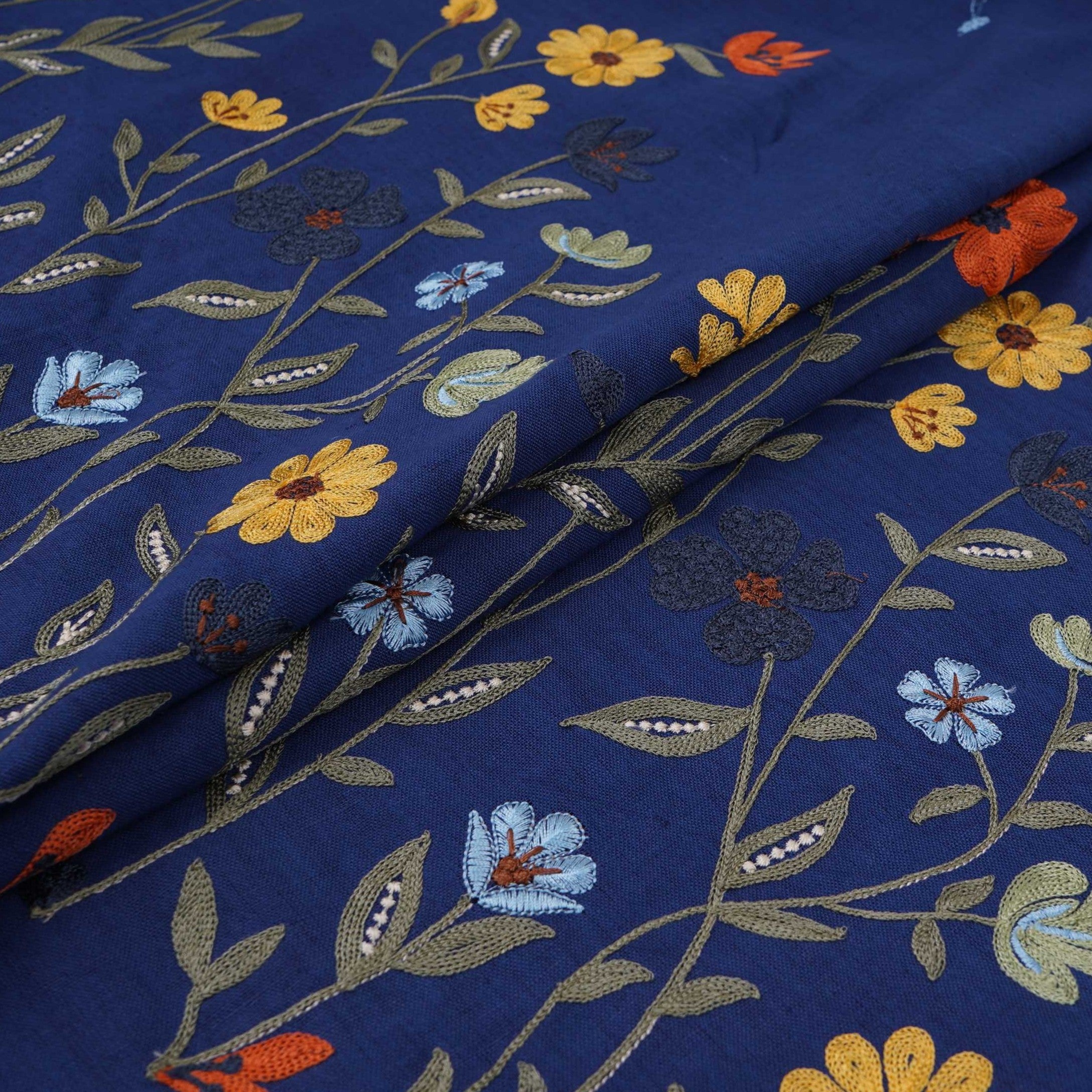 Blue floral embroidery Cotton Linen Fabric GPF-32253 - TradeUNO