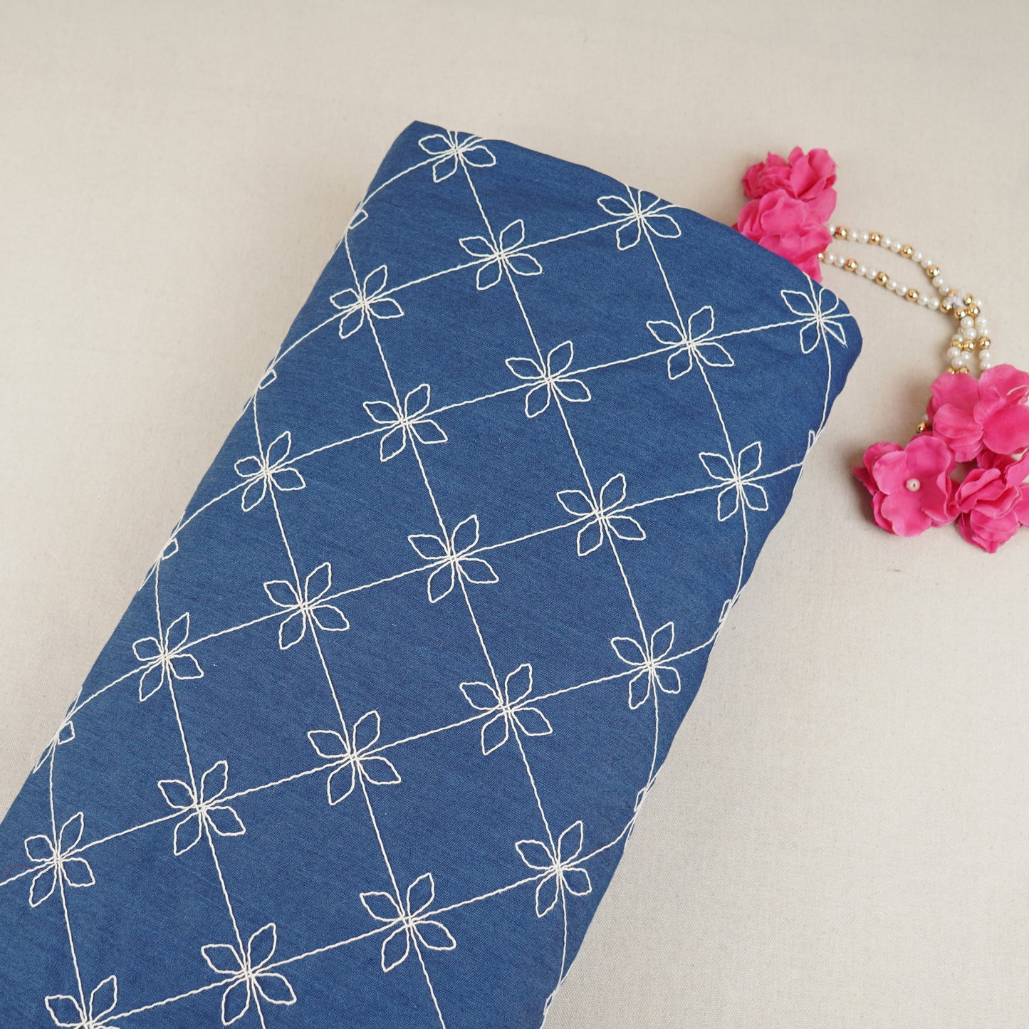 Blue Floral Embroidery Denim Fabric TF-30050