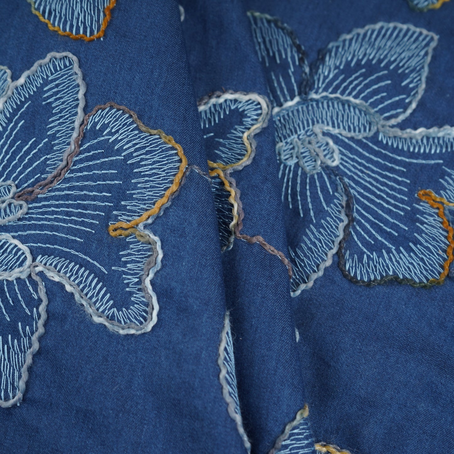 Blue Floral Embroidery Denim Fabric TF-30048