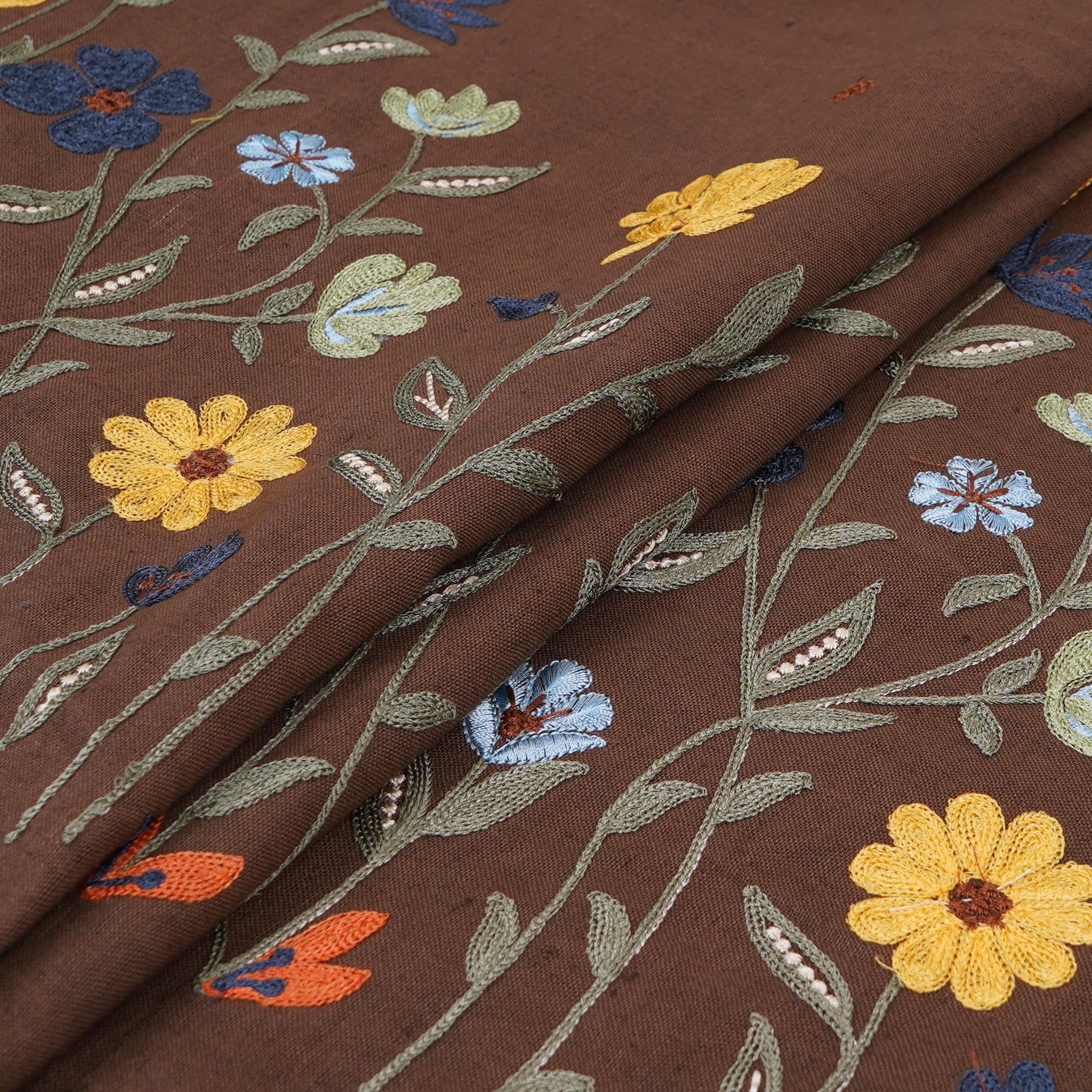 Brown floral embroidery Cotton Linen Fabric GPF-32251 - TradeUNO