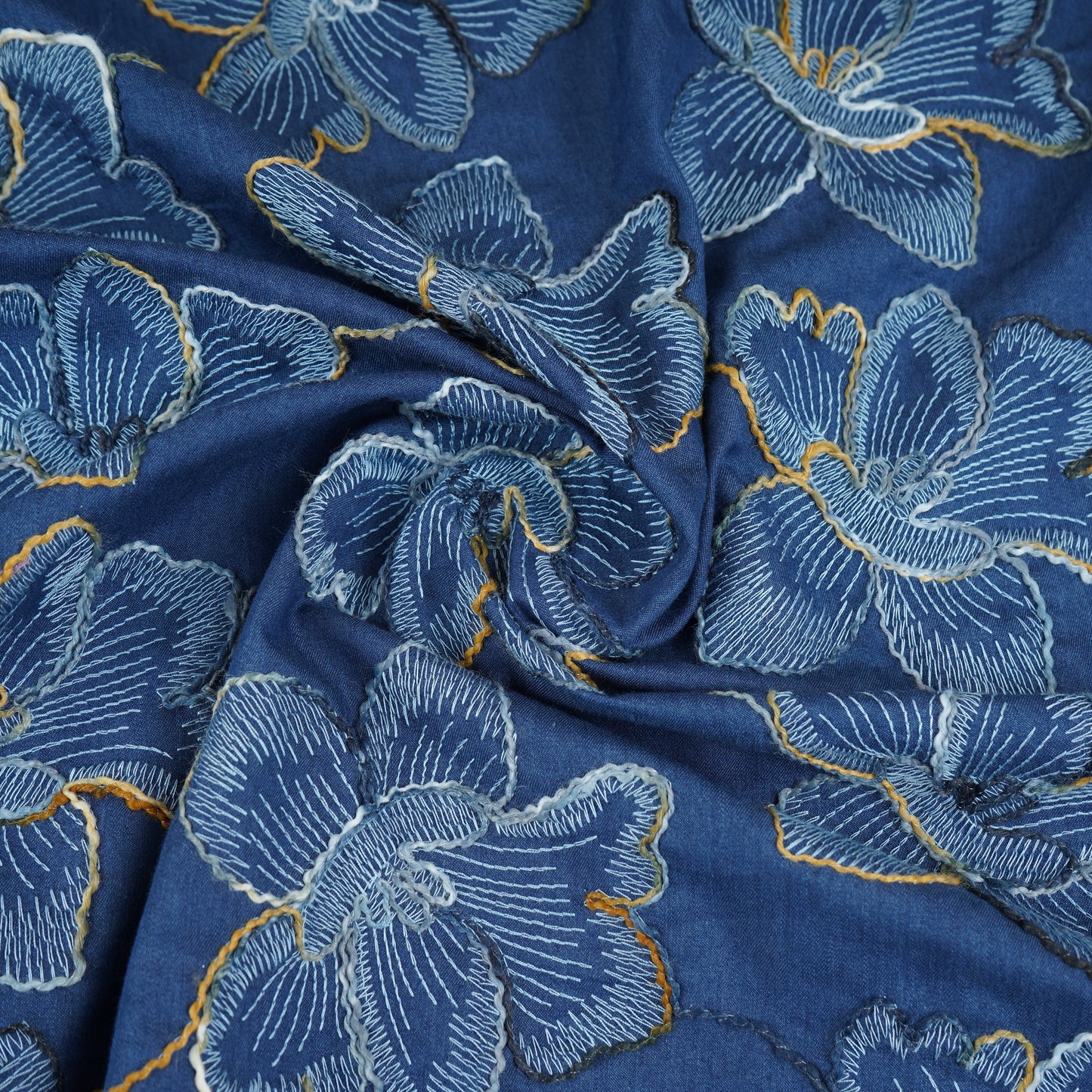 Blue Floral Embroidery Denim Fabric TF-30048