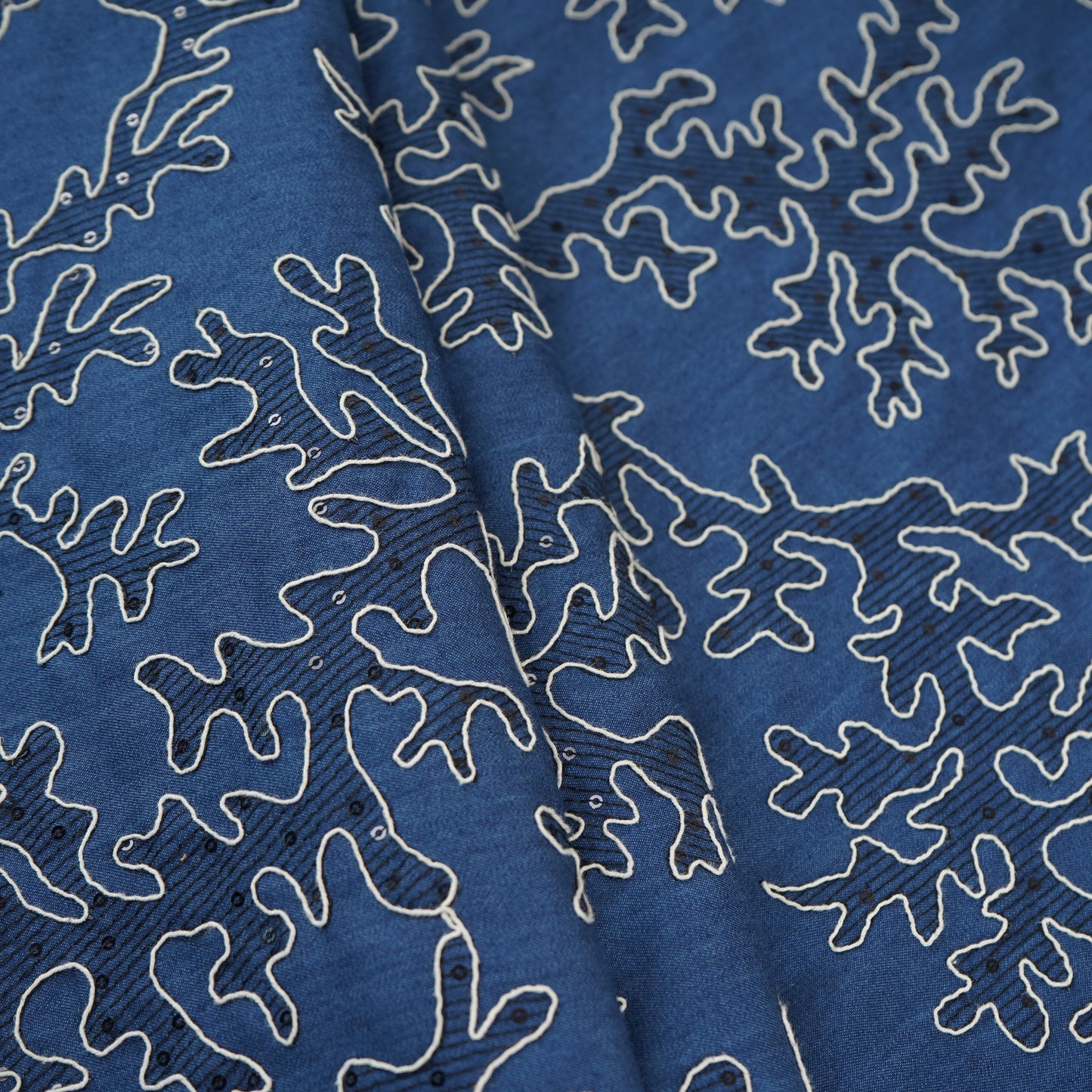 Blue Abstract Embroidery Denim Fabric TF-30046