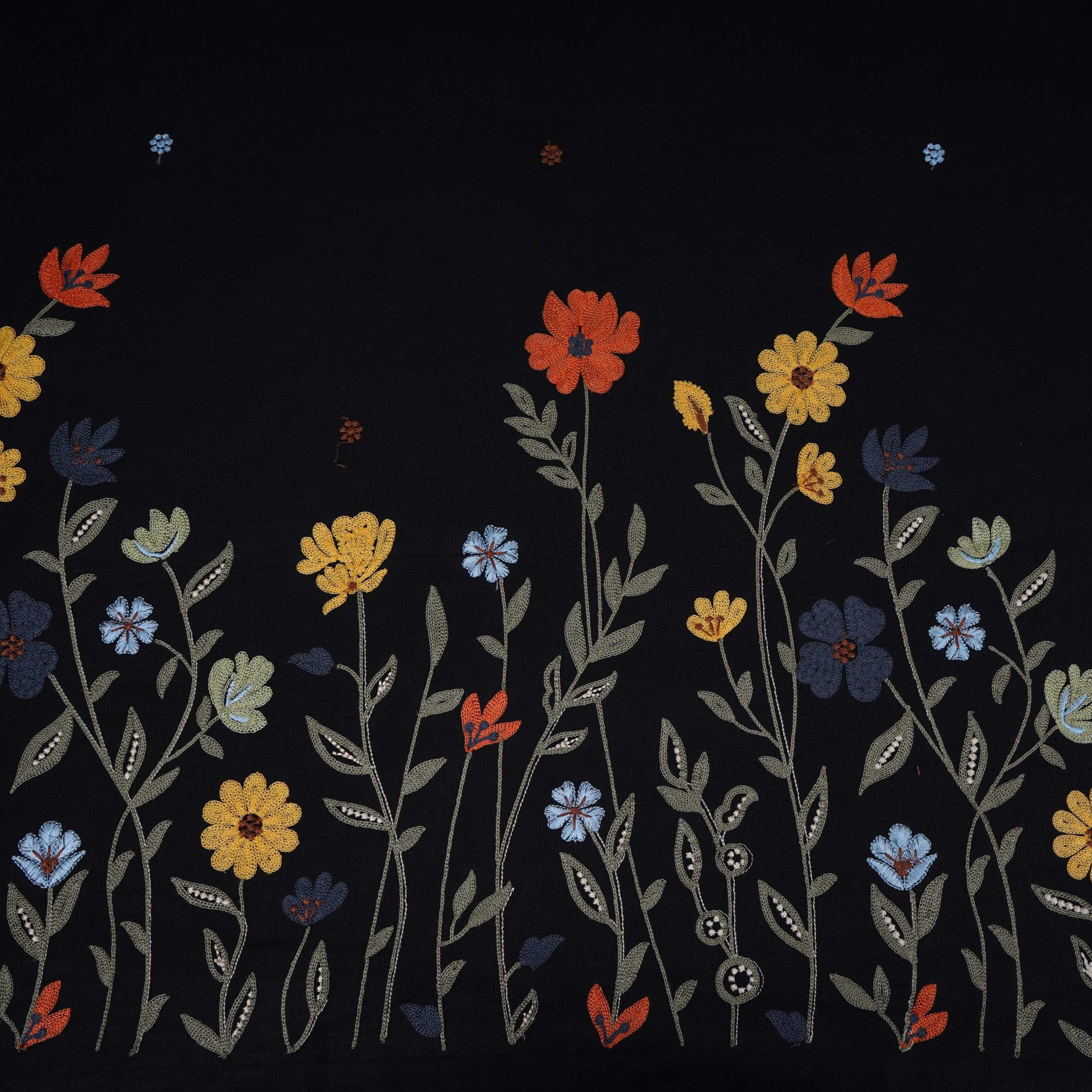 Black floral embroidery Cotton Linen Fabric GPF-32252 - TradeUNO
