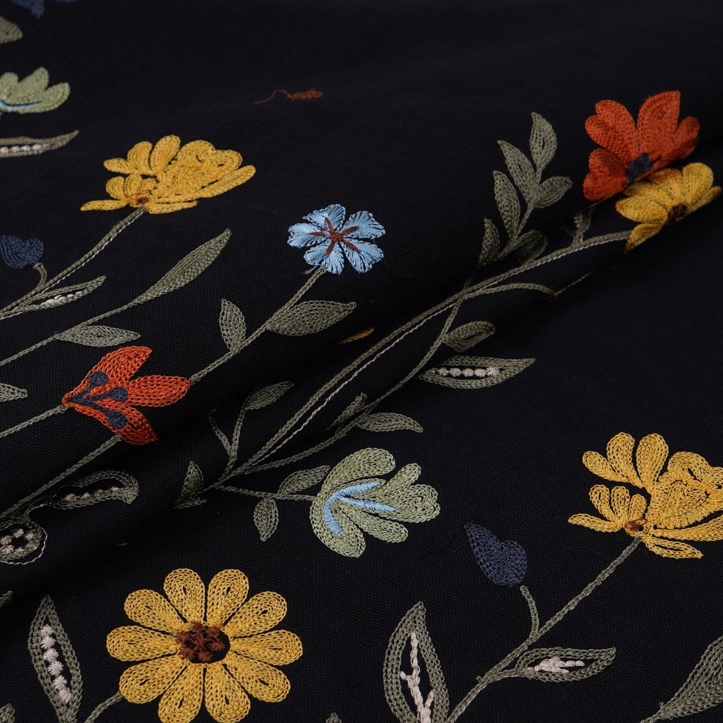 Black floral embroidery Cotton Linen Fabric GPF-32252 - TradeUNO