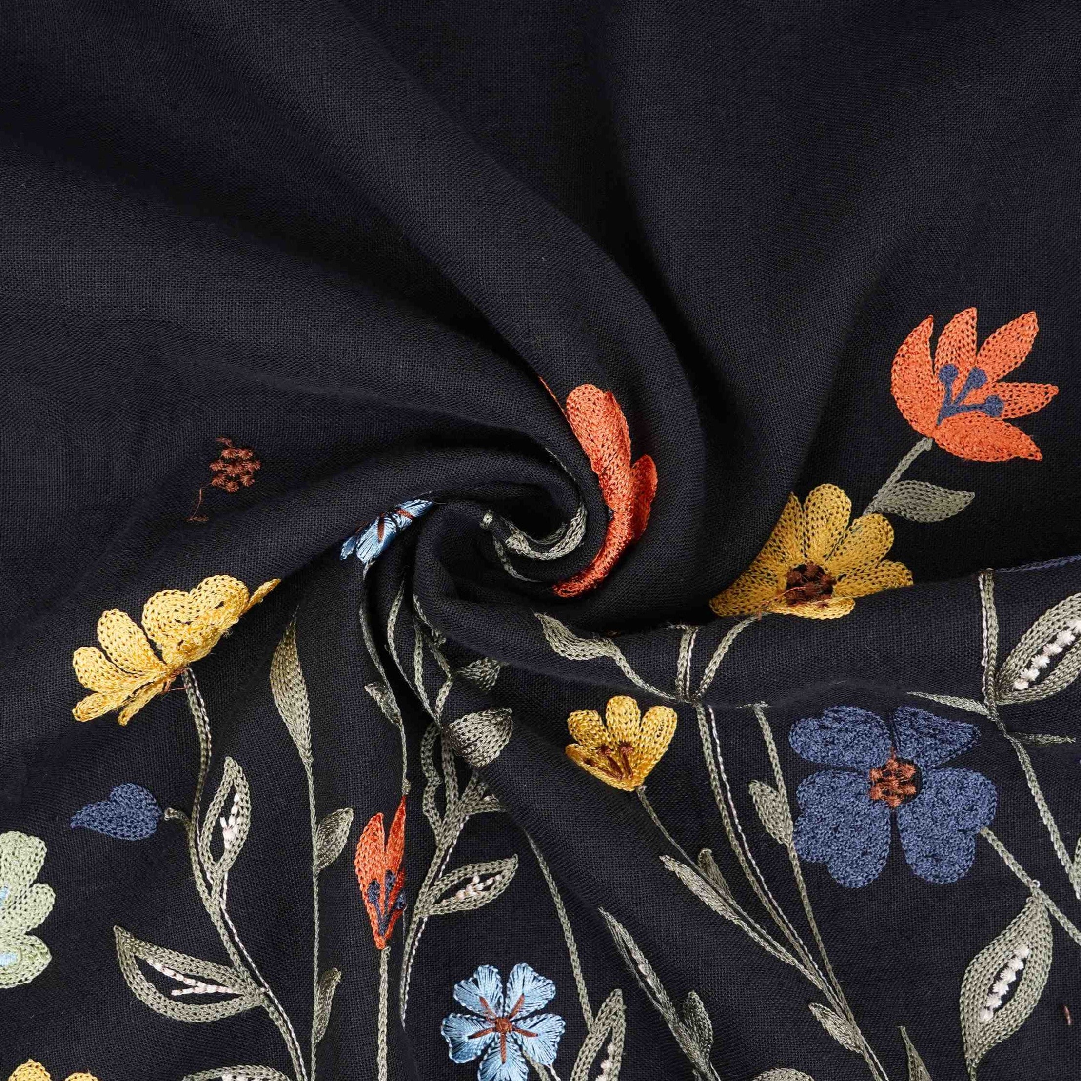 Black floral embroidery Cotton Linen Fabric GPF-32252 - TradeUNO