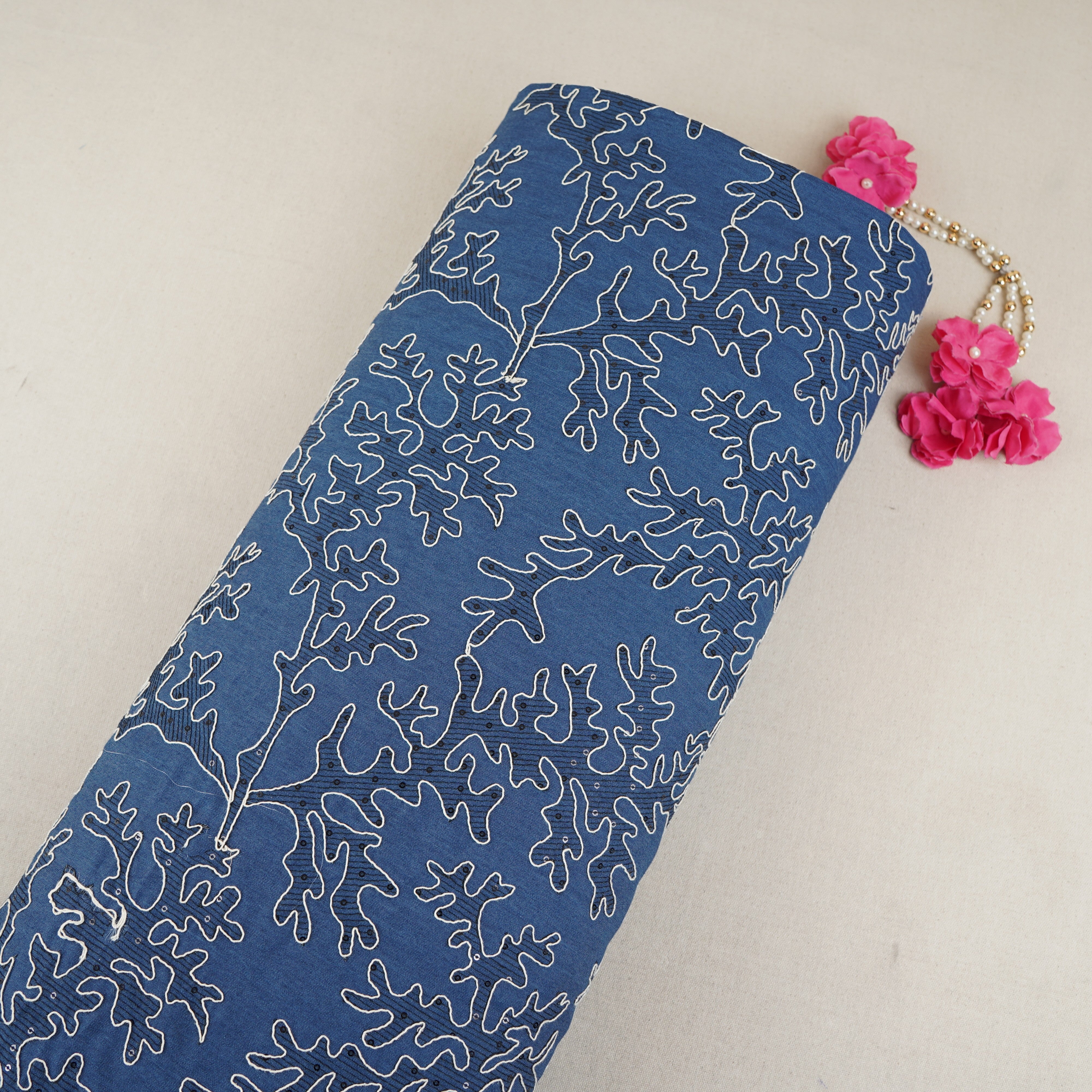 Blue Abstract Embroidery Denim Fabric TF-30046 - TradeUNO