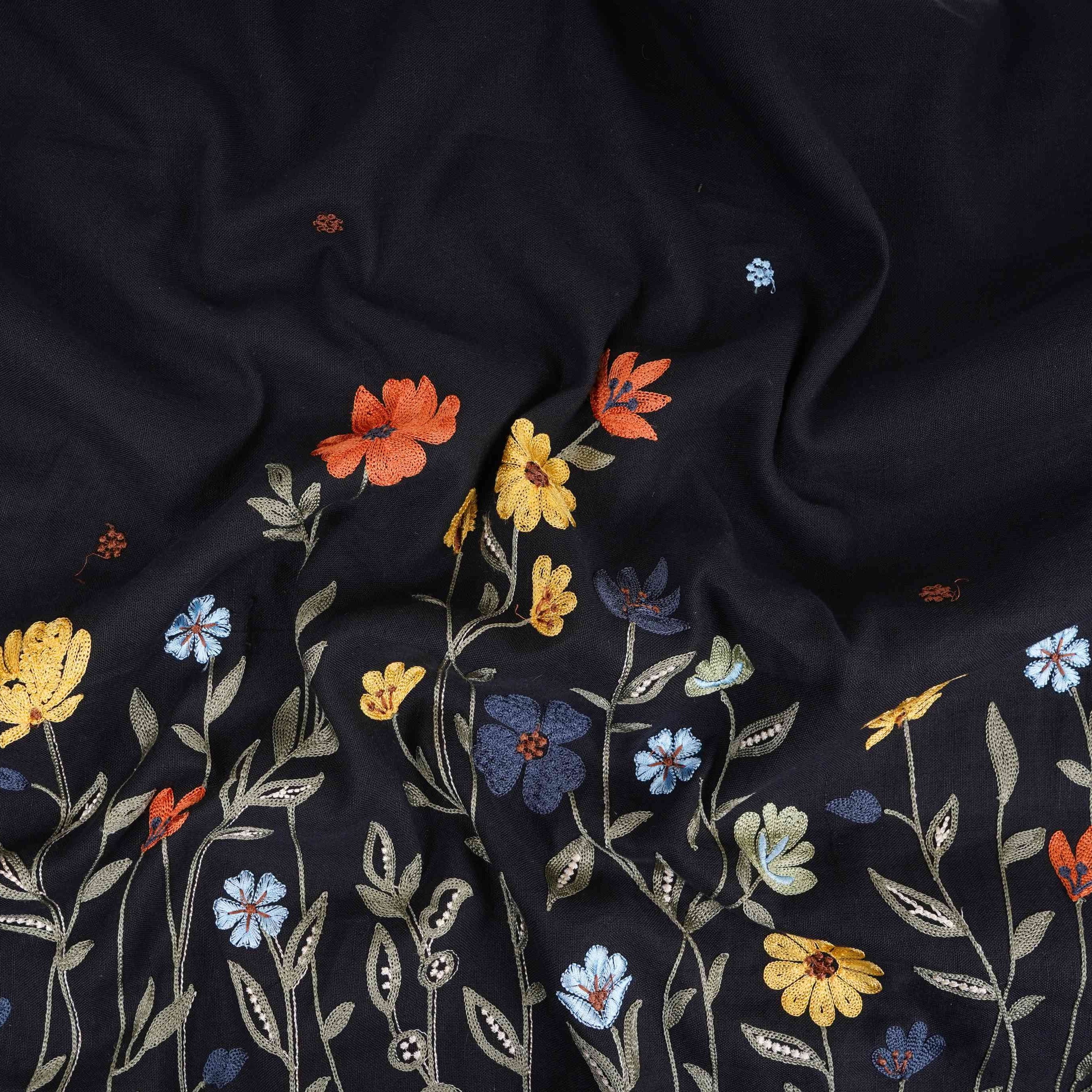Black floral embroidery Cotton Linen Fabric GPF-32252 - TradeUNO