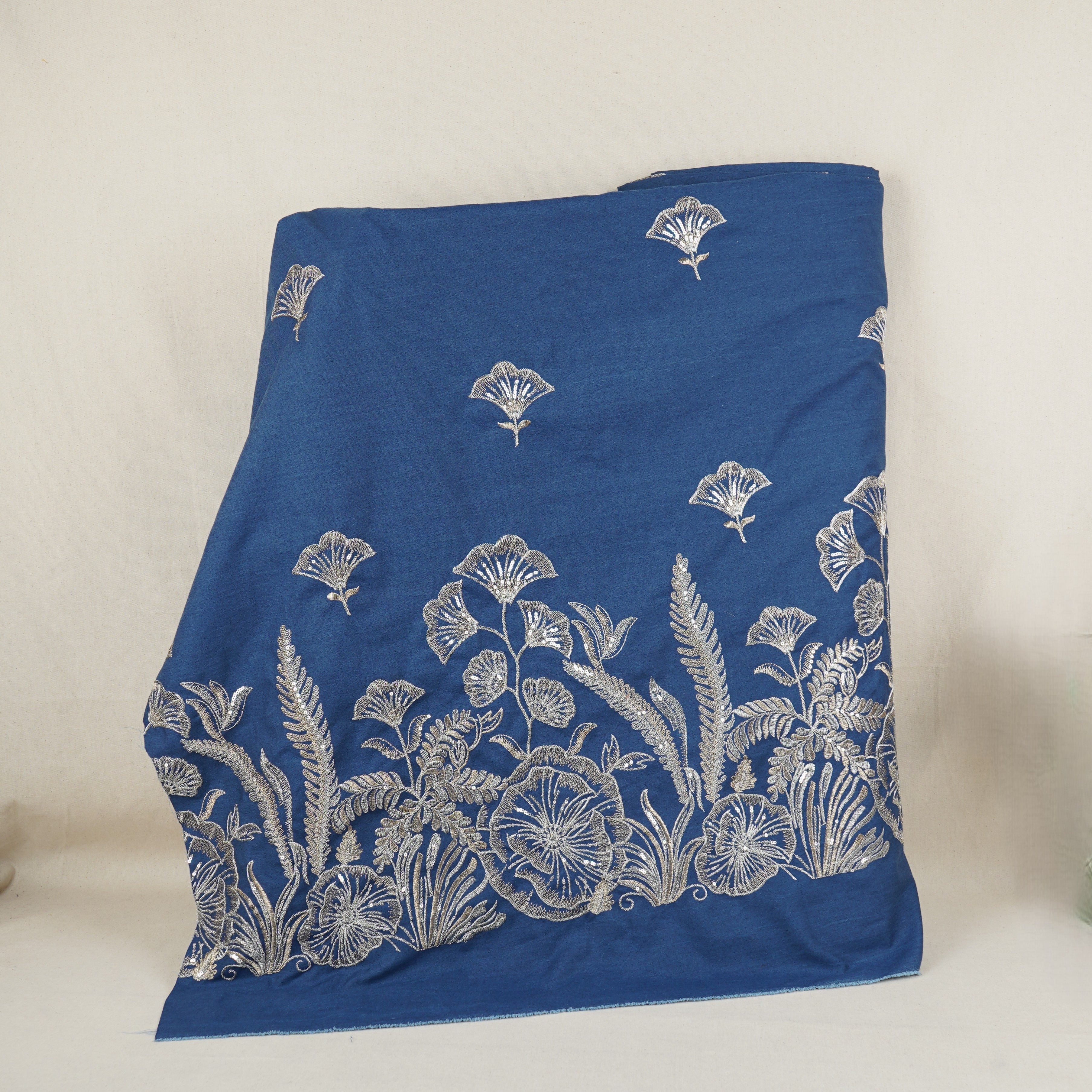 Blue Zari Floral Embroidery Denim Fabric TF-30049 - TradeUNO