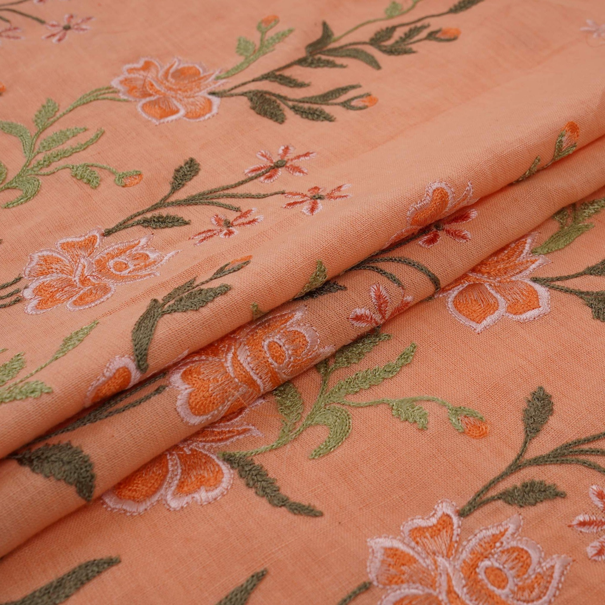 Peach floral embroidery Cotton Linen Fabric GPF-32250 - TradeUNO