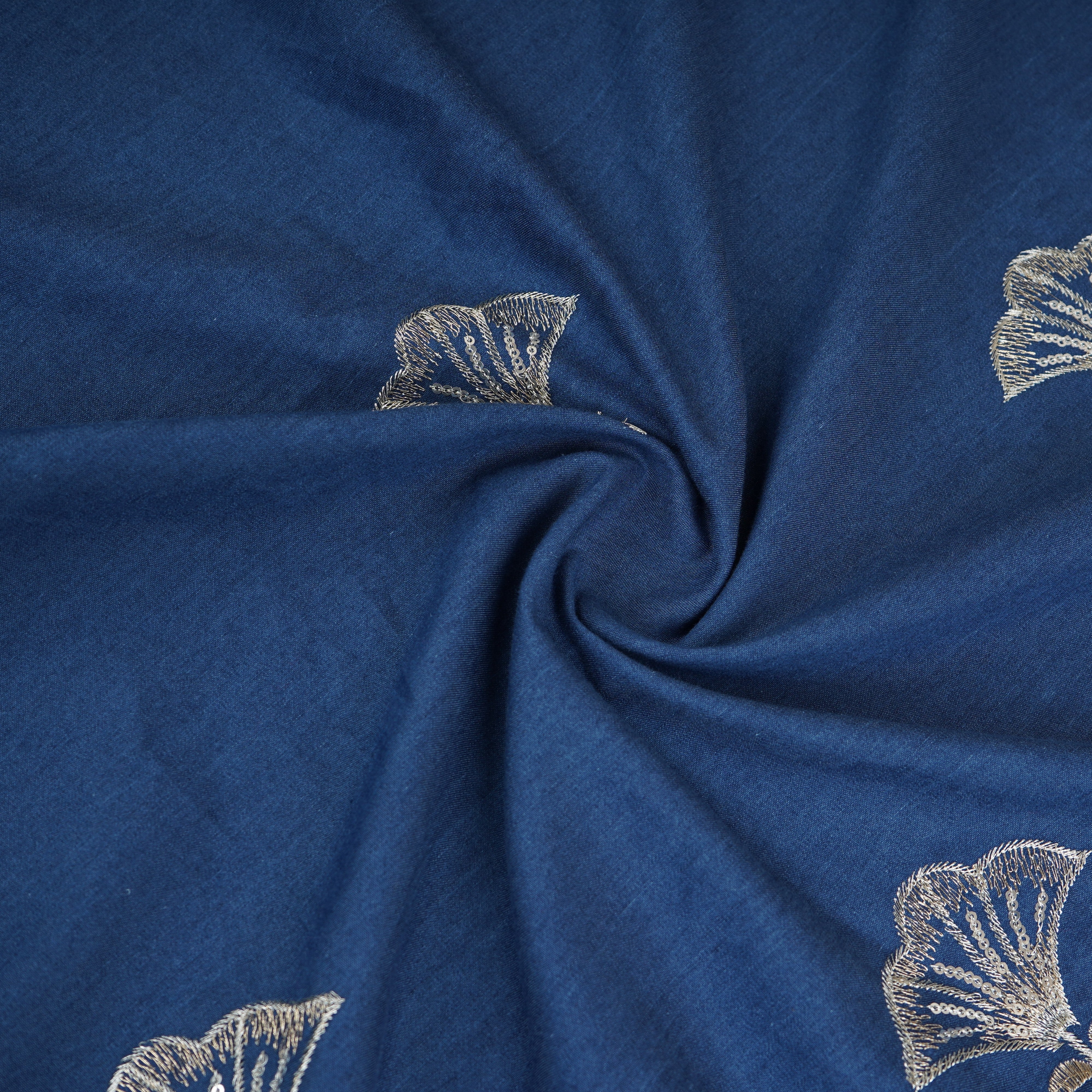 Blue Zari Floral Embroidery Denim Fabric TF-30049 - TradeUNO