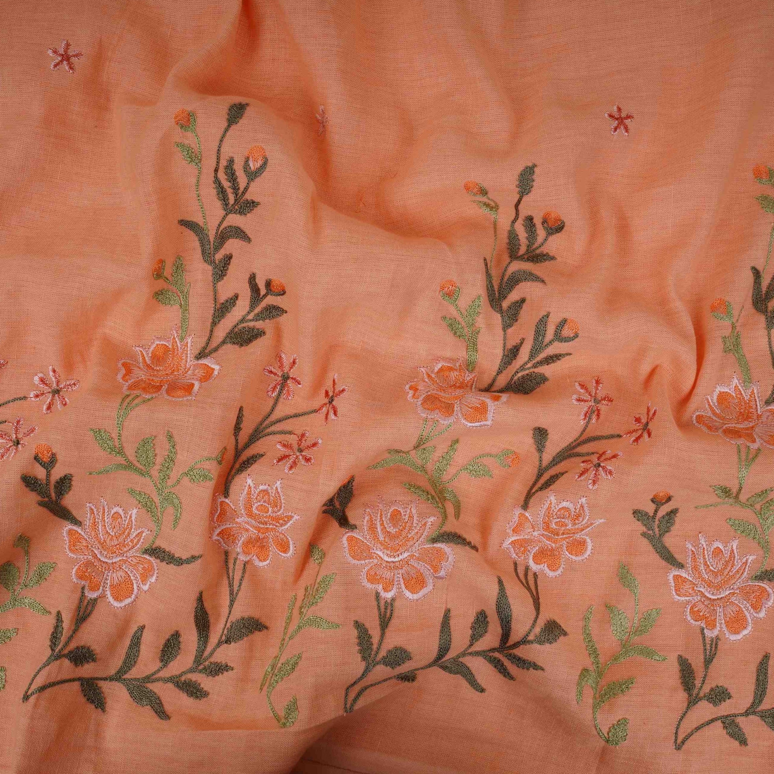 Peach floral embroidery Cotton Linen Fabric GPF-32250 - TradeUNO