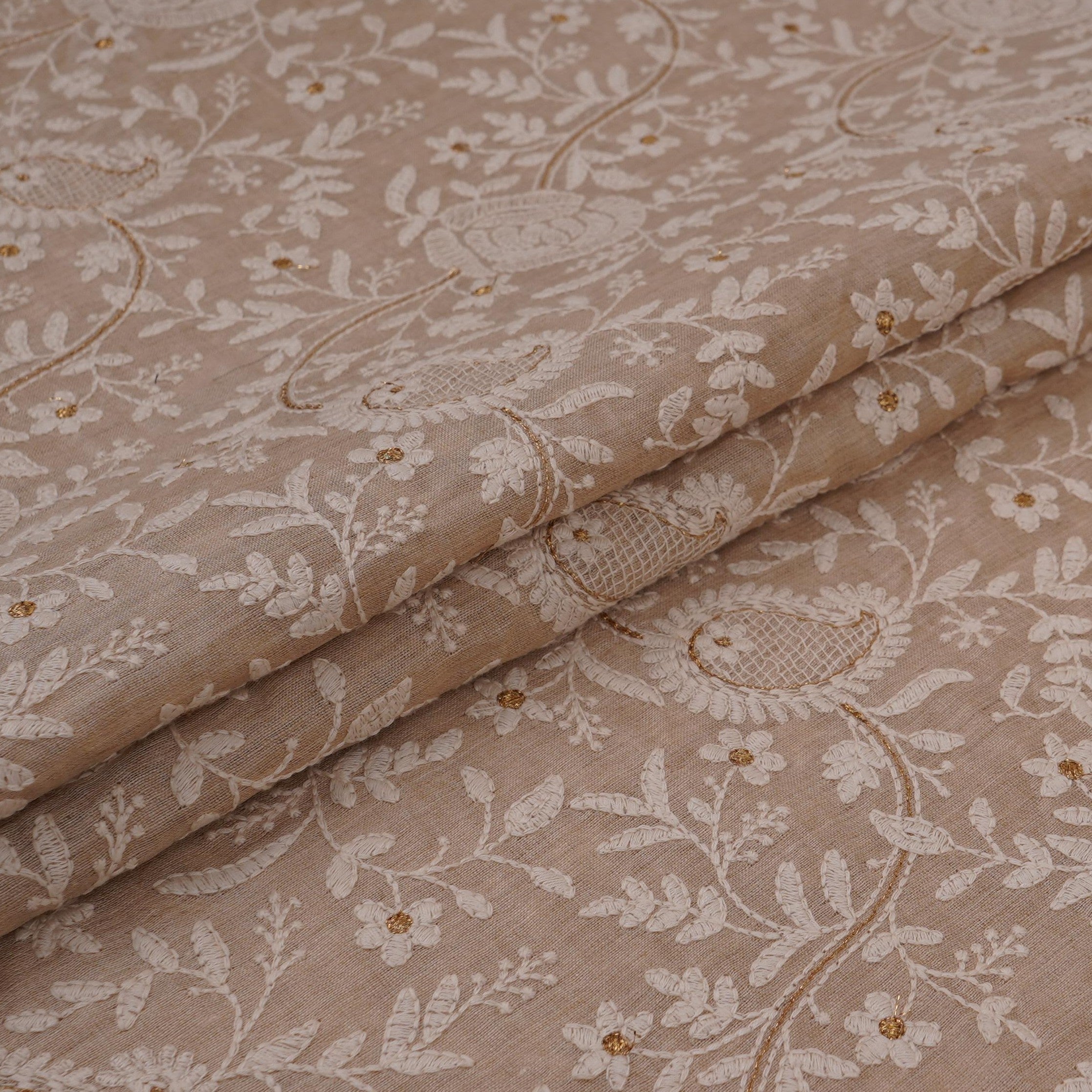 Beige thread embroidery Pure Munga Silk Fabric GPF-32247 - TradeUNO