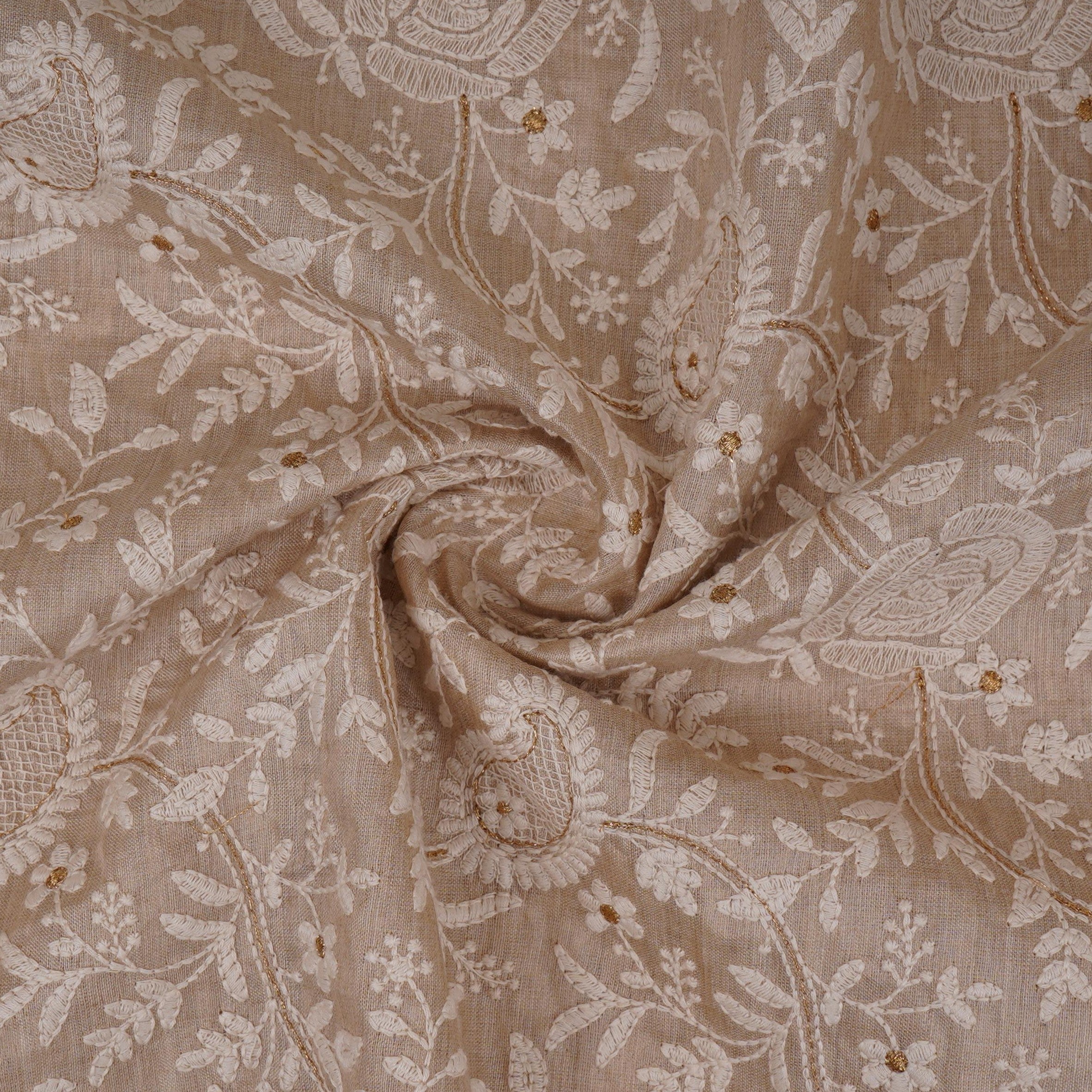Beige thread embroidery Pure Munga Silk Fabric GPF-32247 - TradeUNO