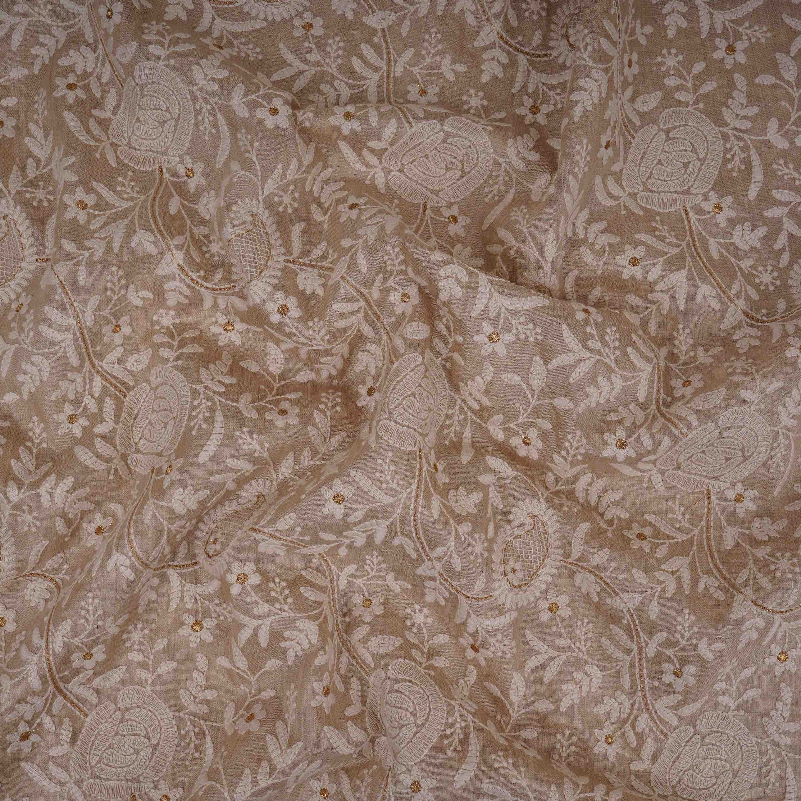 Beige thread embroidery Pure Munga Silk Fabric GPF-32247 - TradeUNO