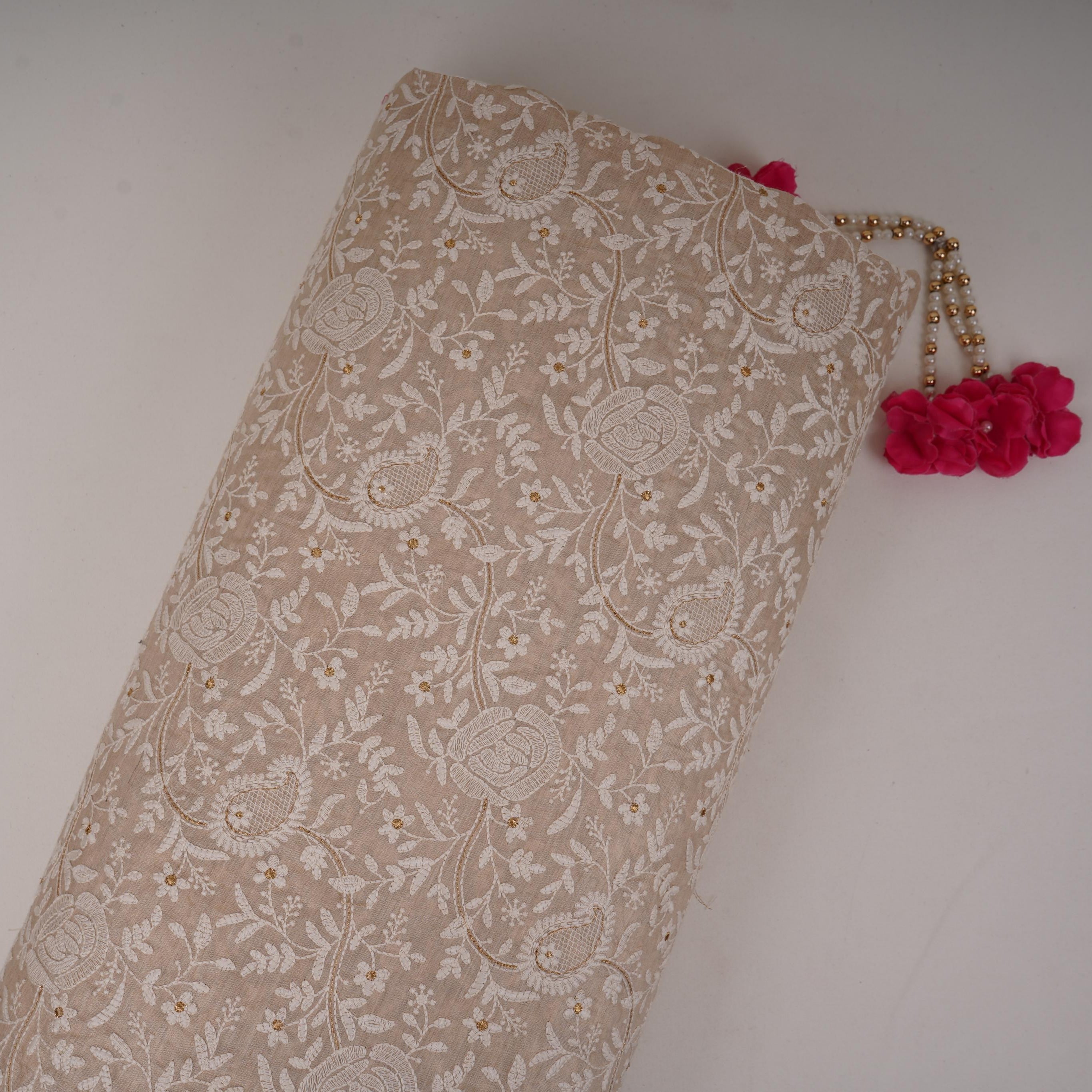 Beige thread embroidery Pure Munga Silk Fabric GPF-32247 - TradeUNO